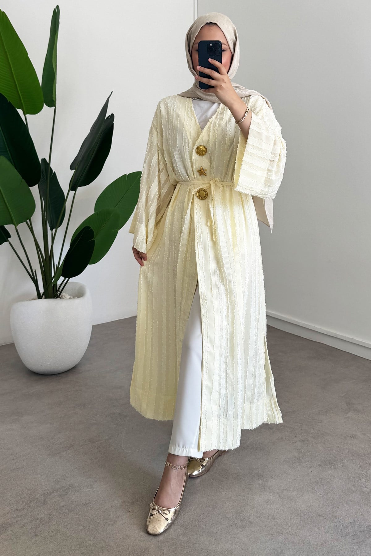  Keten Kimono Elbise - Sarı