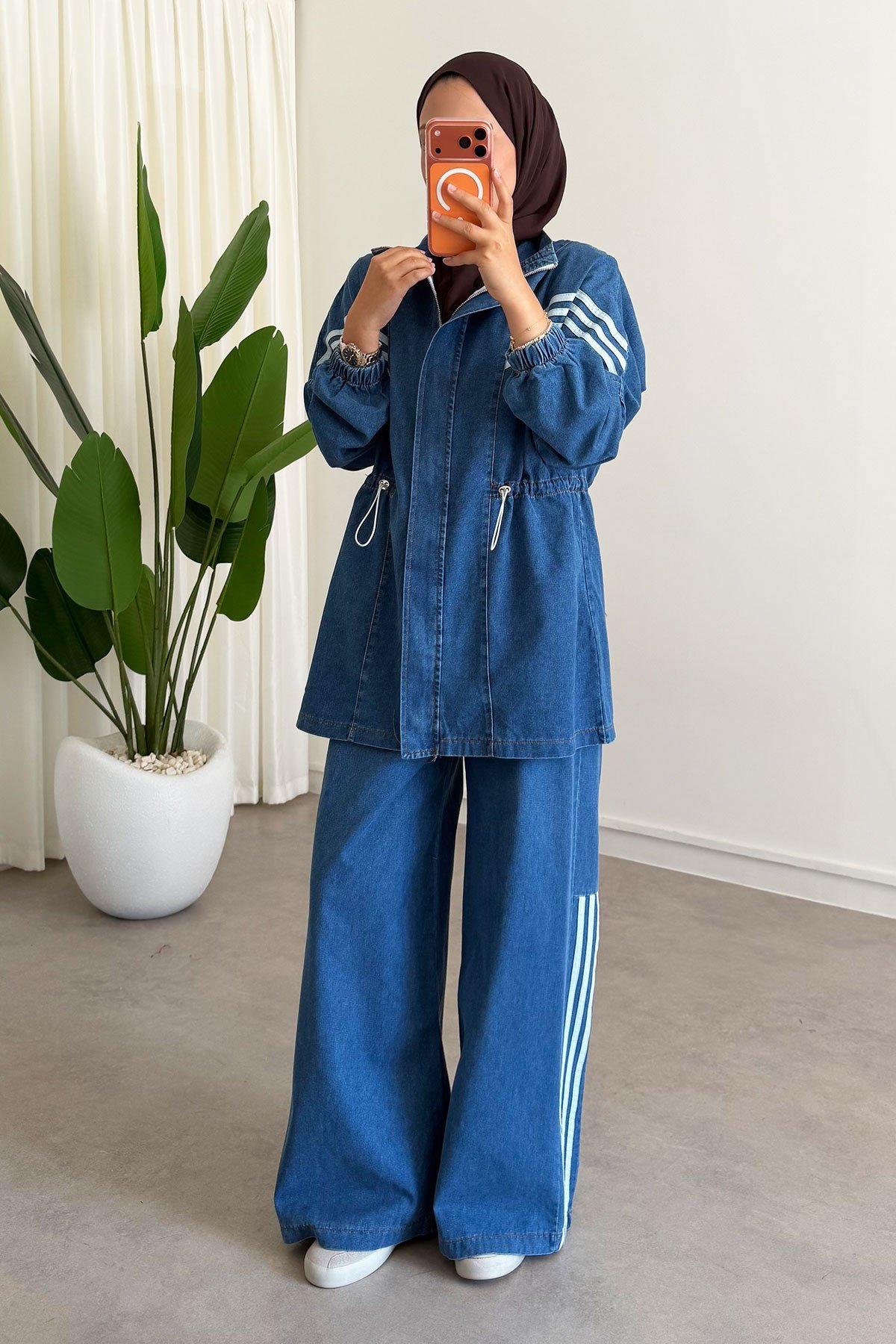 Biyeli Denim Takım - Açık Kot