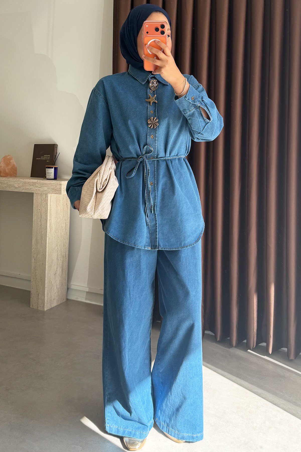 Broşlu Denim Takım - Açık Kot