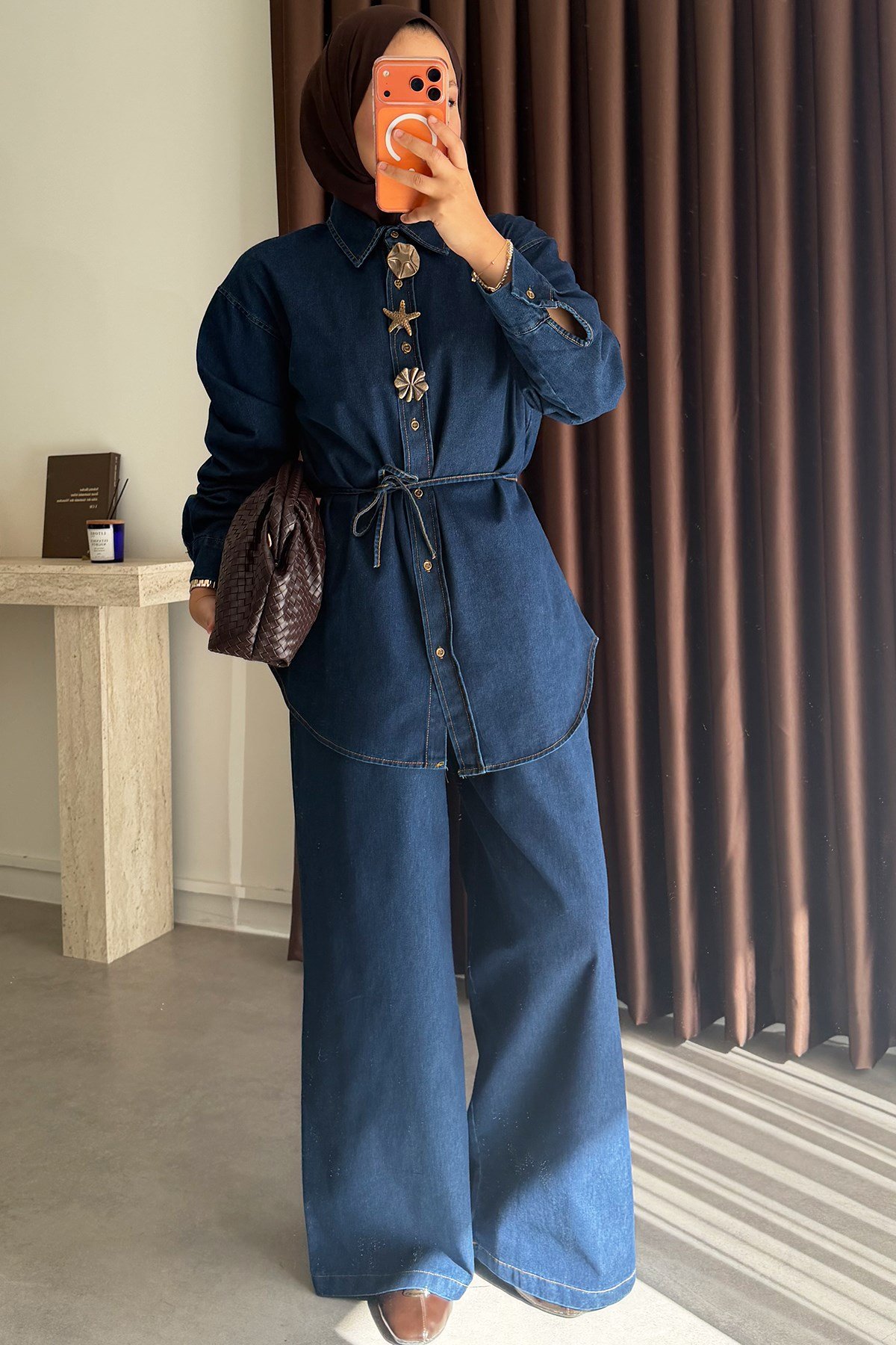 Broşlu Denim Takım - Koyu Kot