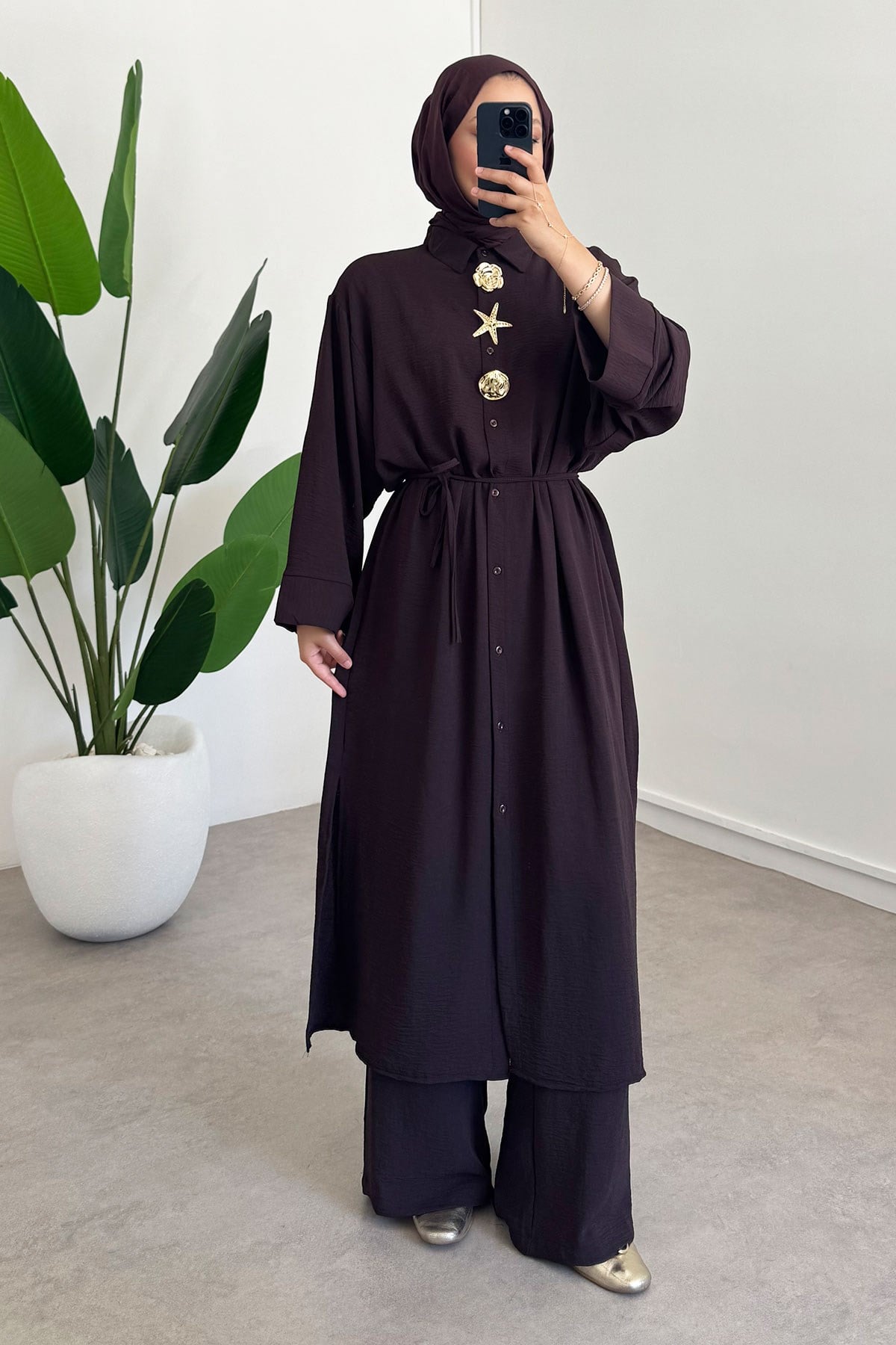 Broşlu Uzun Tunik Takım - Bordo