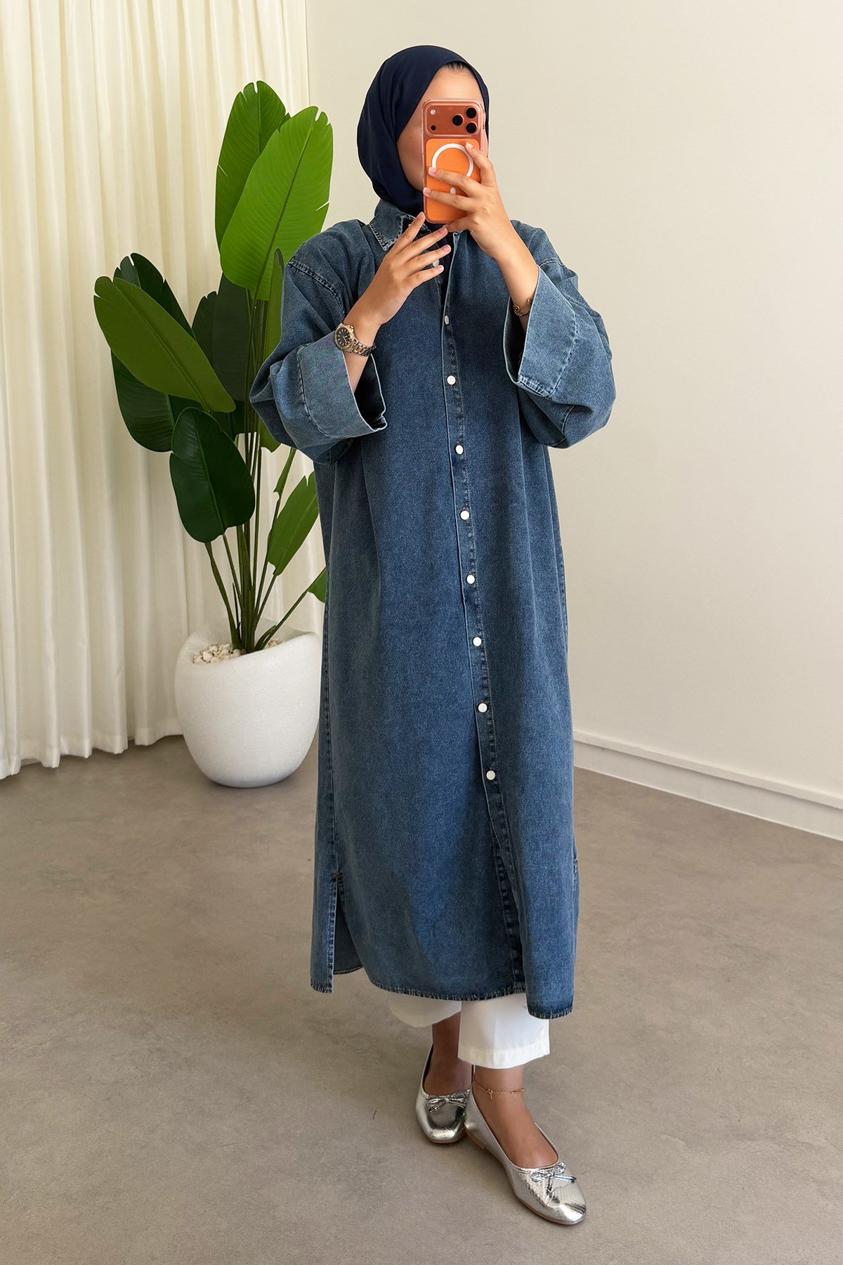 Denim Gömlek Elbise - Açık Kot