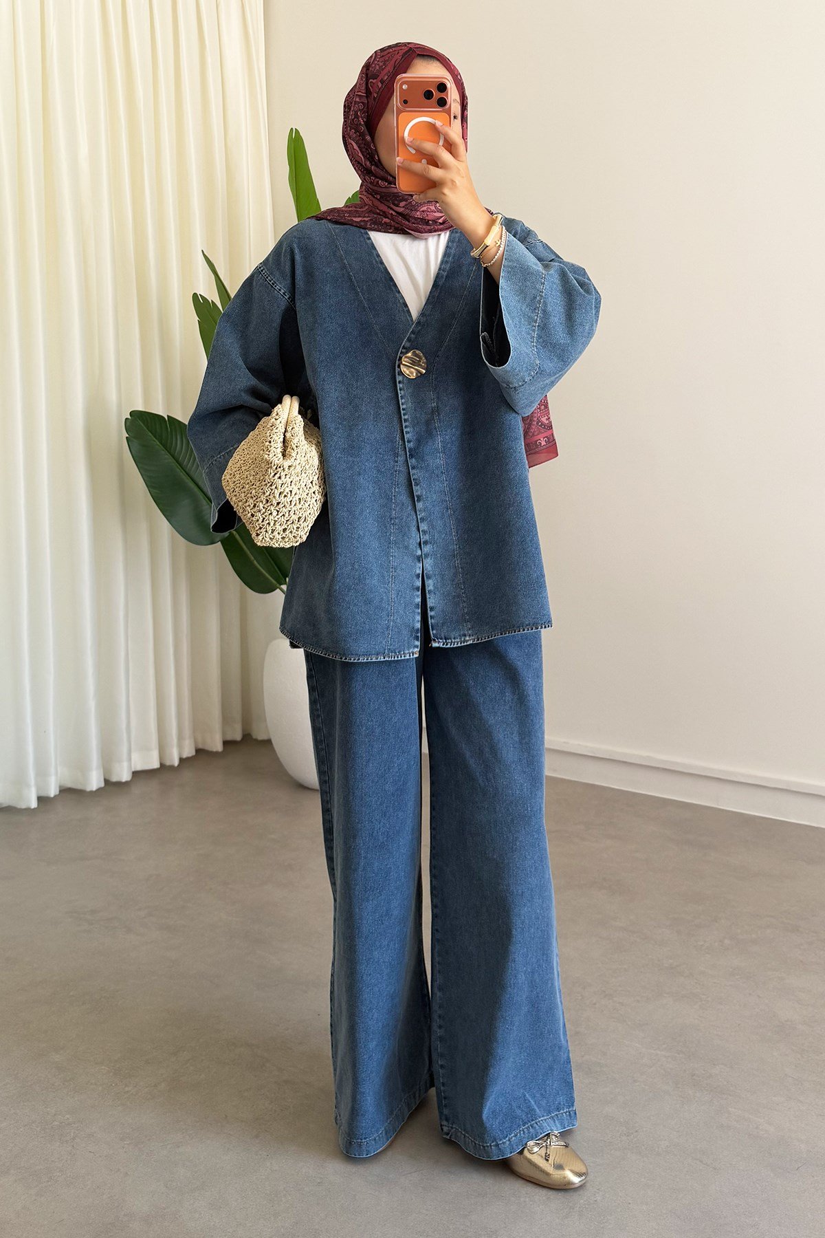 Dügmeli Denim Takım - Açık Kot
