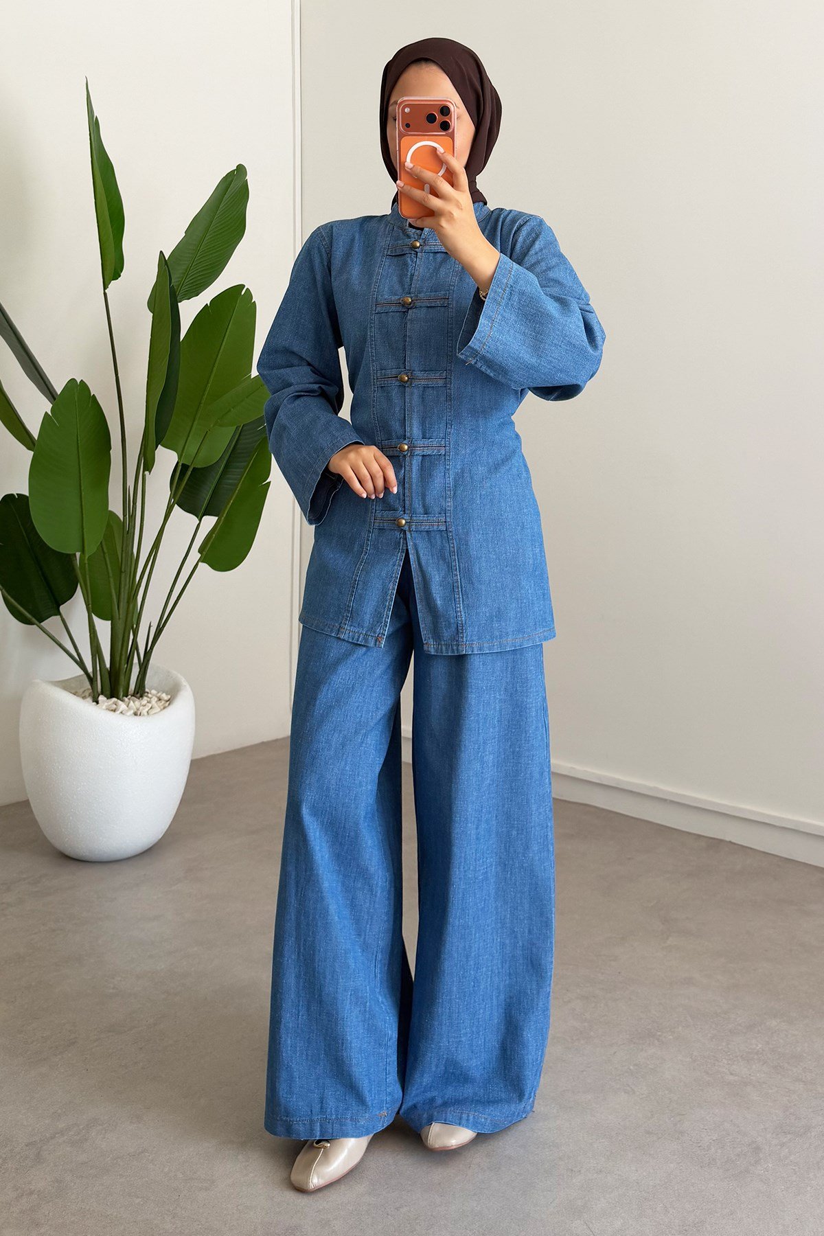 Dügmeli Denim Takım - Koyu Kot