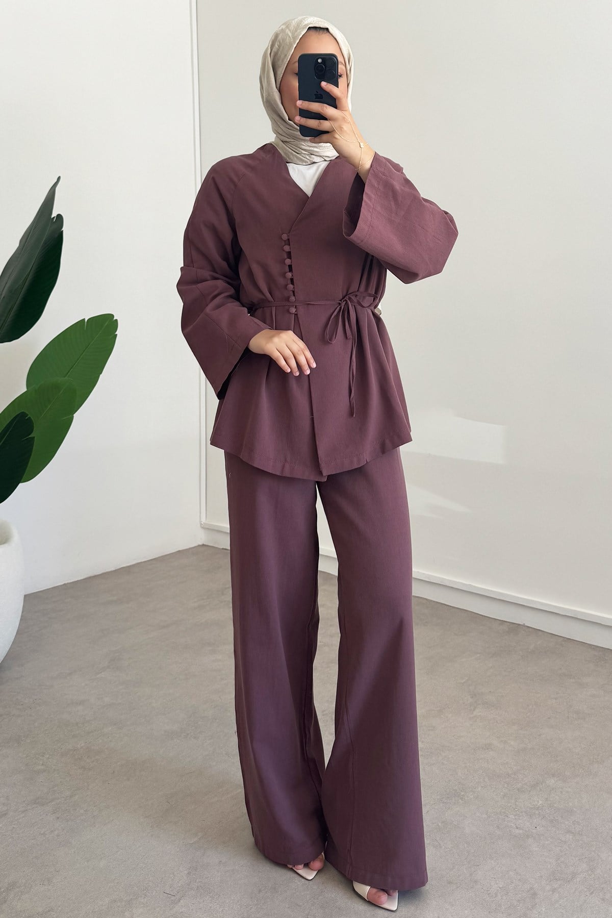Düğmeli Keten Takım - Bordo