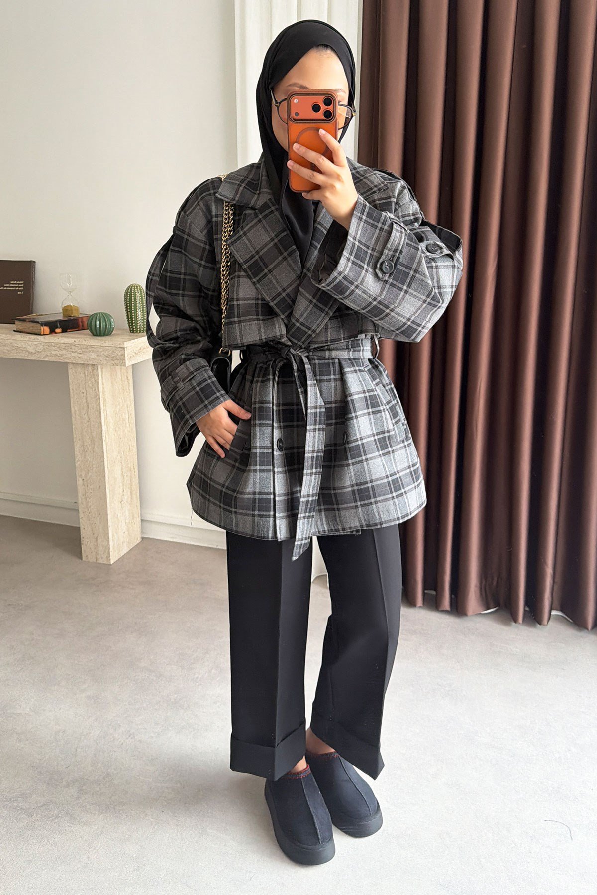 Ekose Oversize Trençkot - Antrast