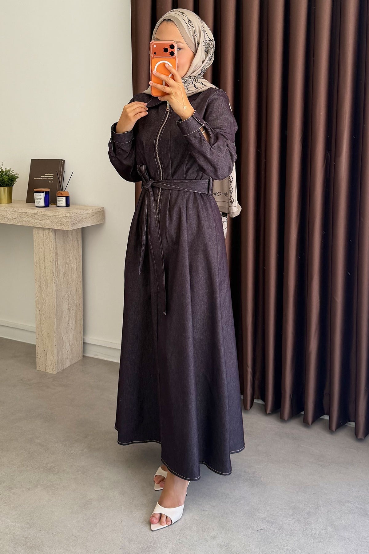 Fermuarlı Denim Elbise - Bordo