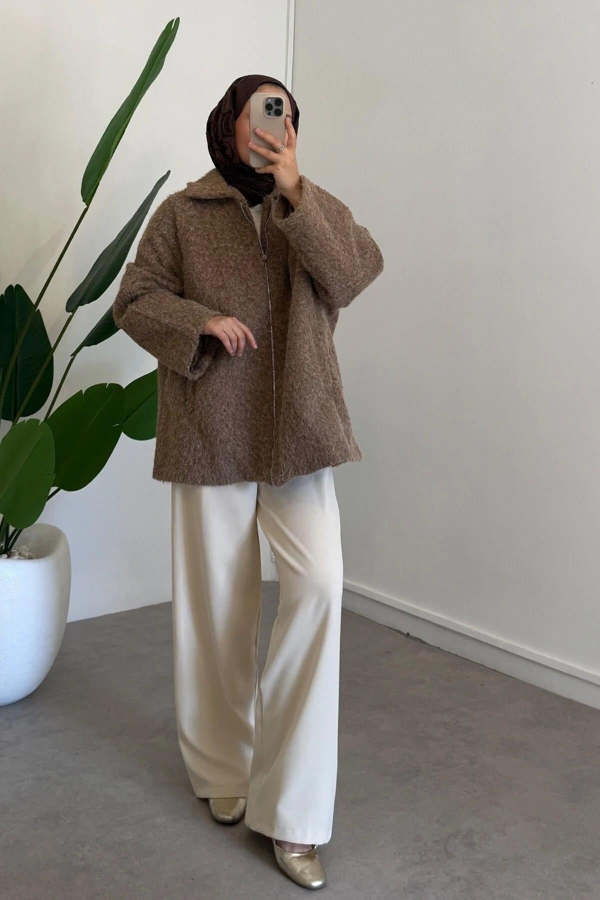 FERMUARLI KAŞE CEKET 9-52637  - VİZON