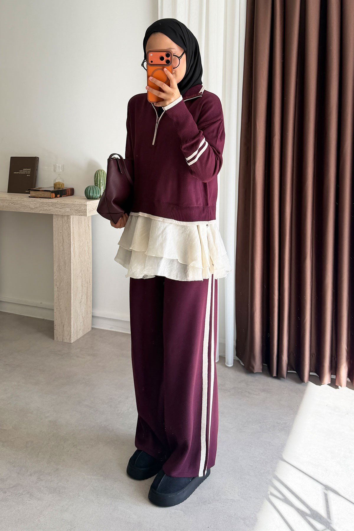 Fermuarlı Triko Takım - Bordo