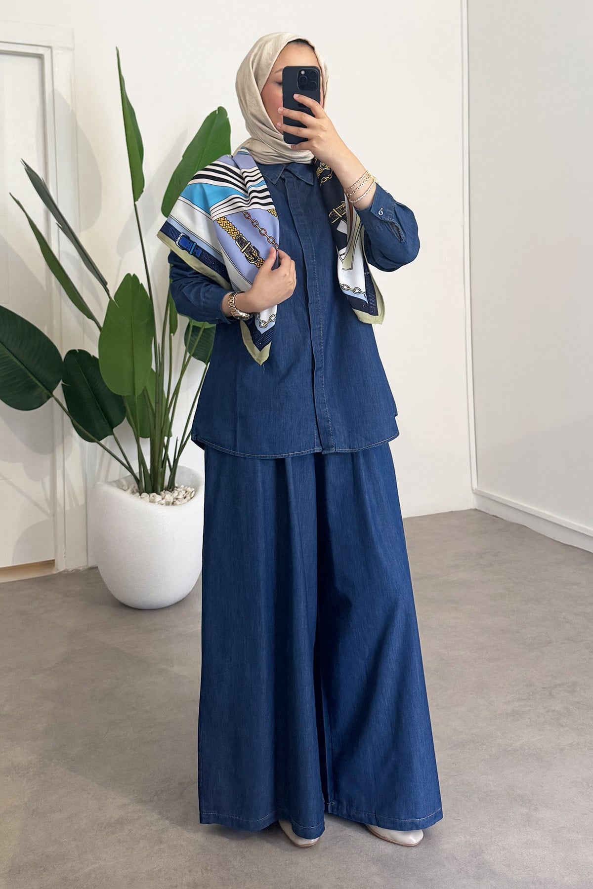 Fularlı Denim Takım - Lacivert