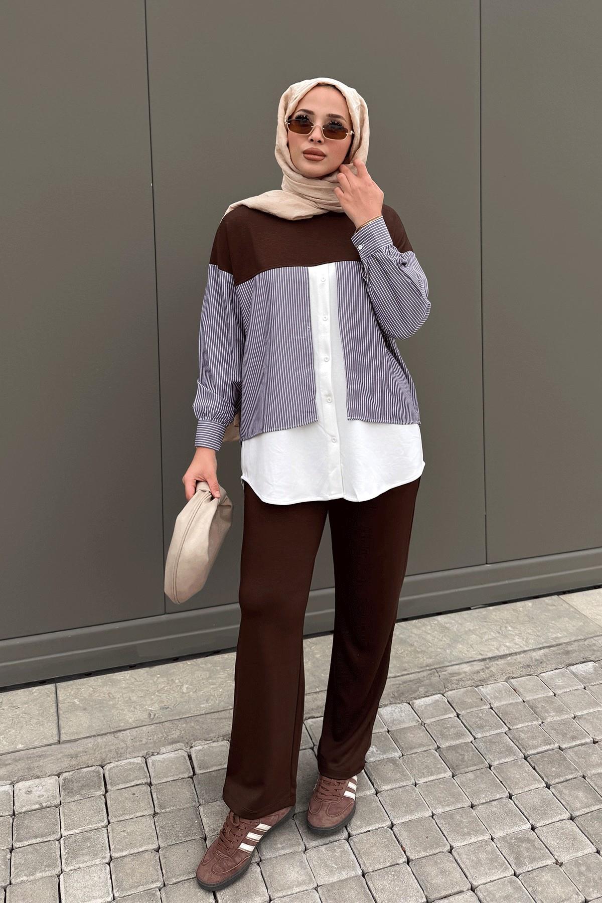 GARNİ DETAYLI TAKIM 44-3079 - KAHVERENGİ