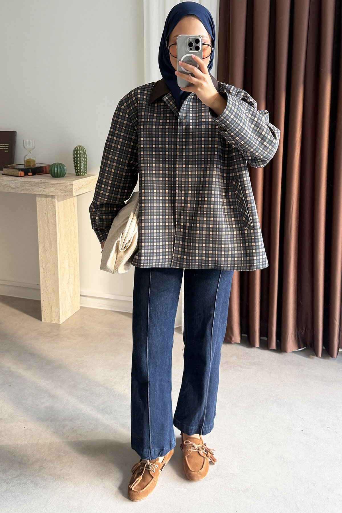 Kareli Oversize Ceket - Lacivert