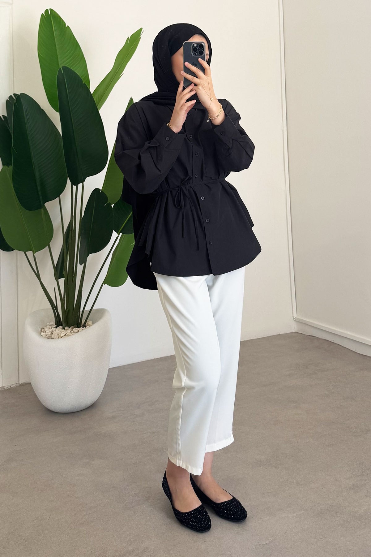 Kemerli Basıc Gömlek - Siyah