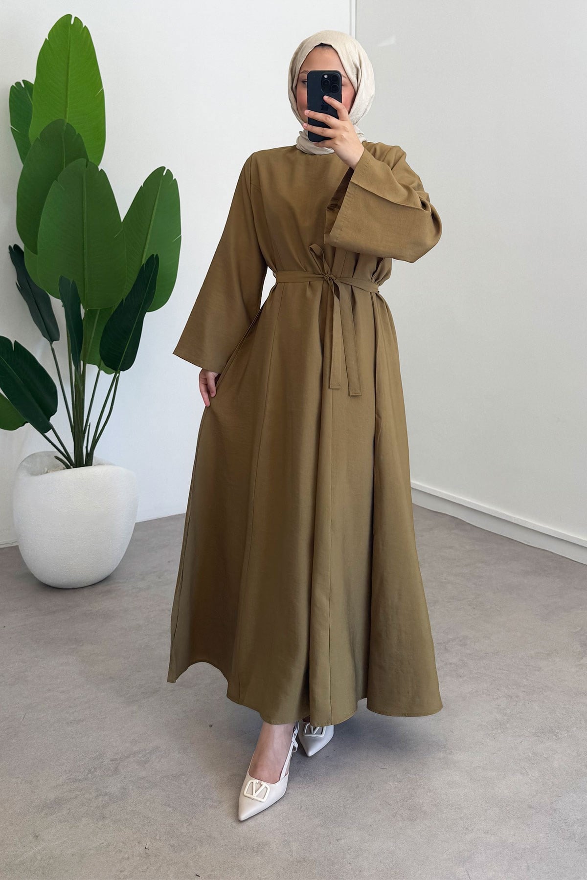 Kemerli Elbise - Olive