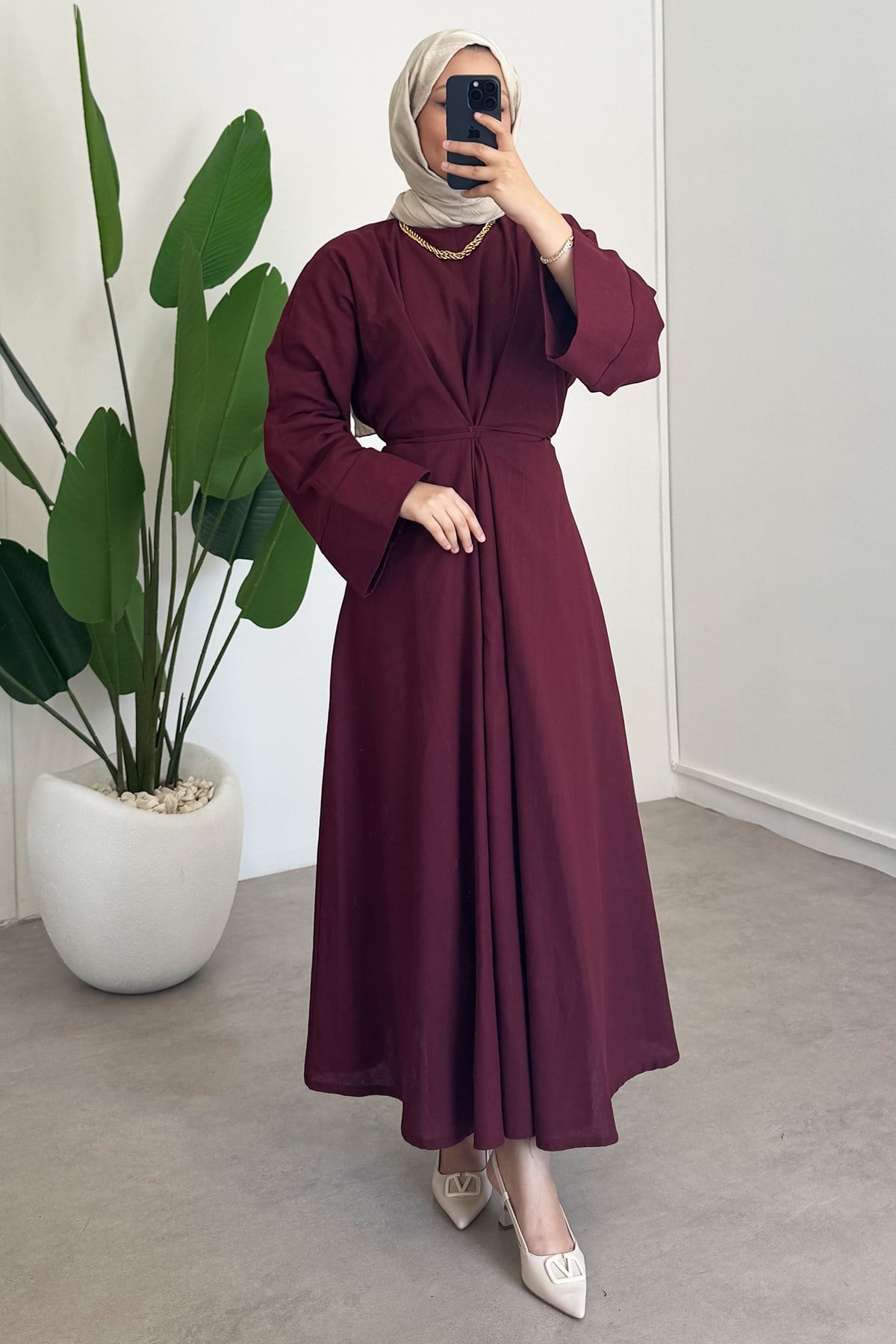 Keten Bağlama Elbise - Bordo