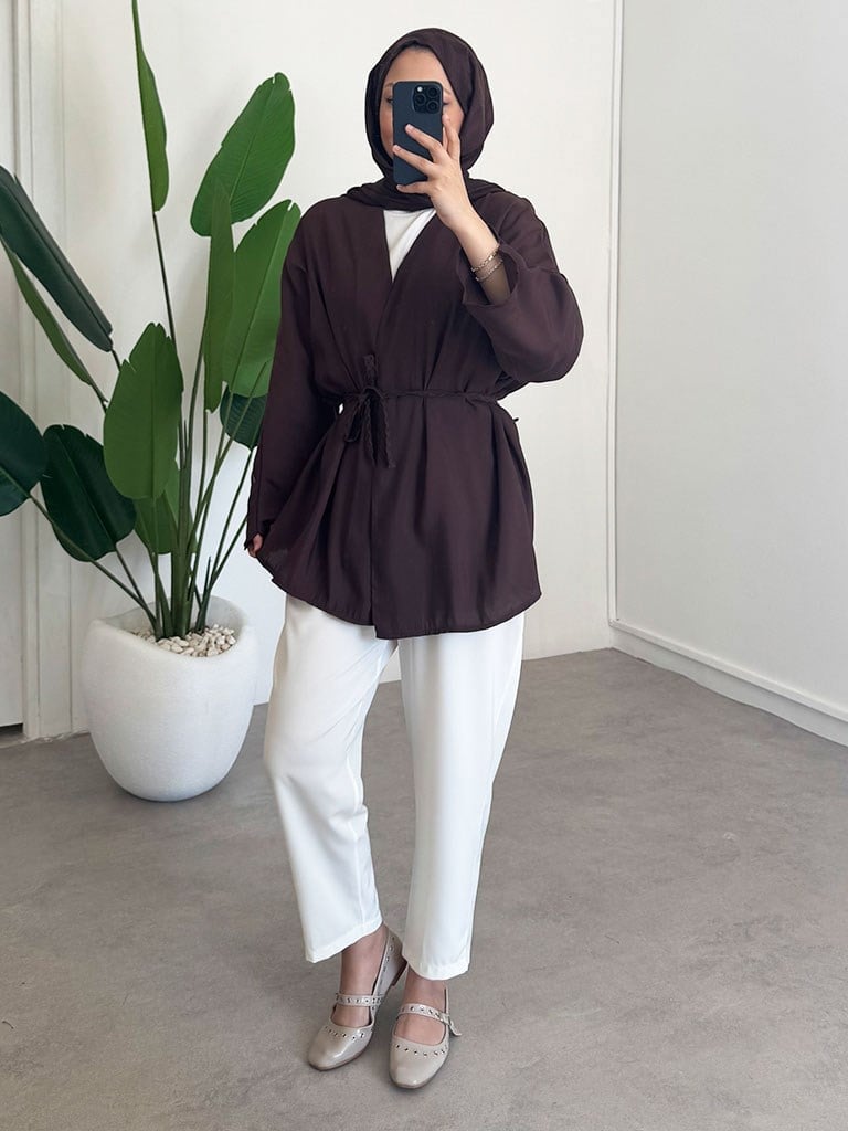Örgü Kemer Kimono - Kahverengi