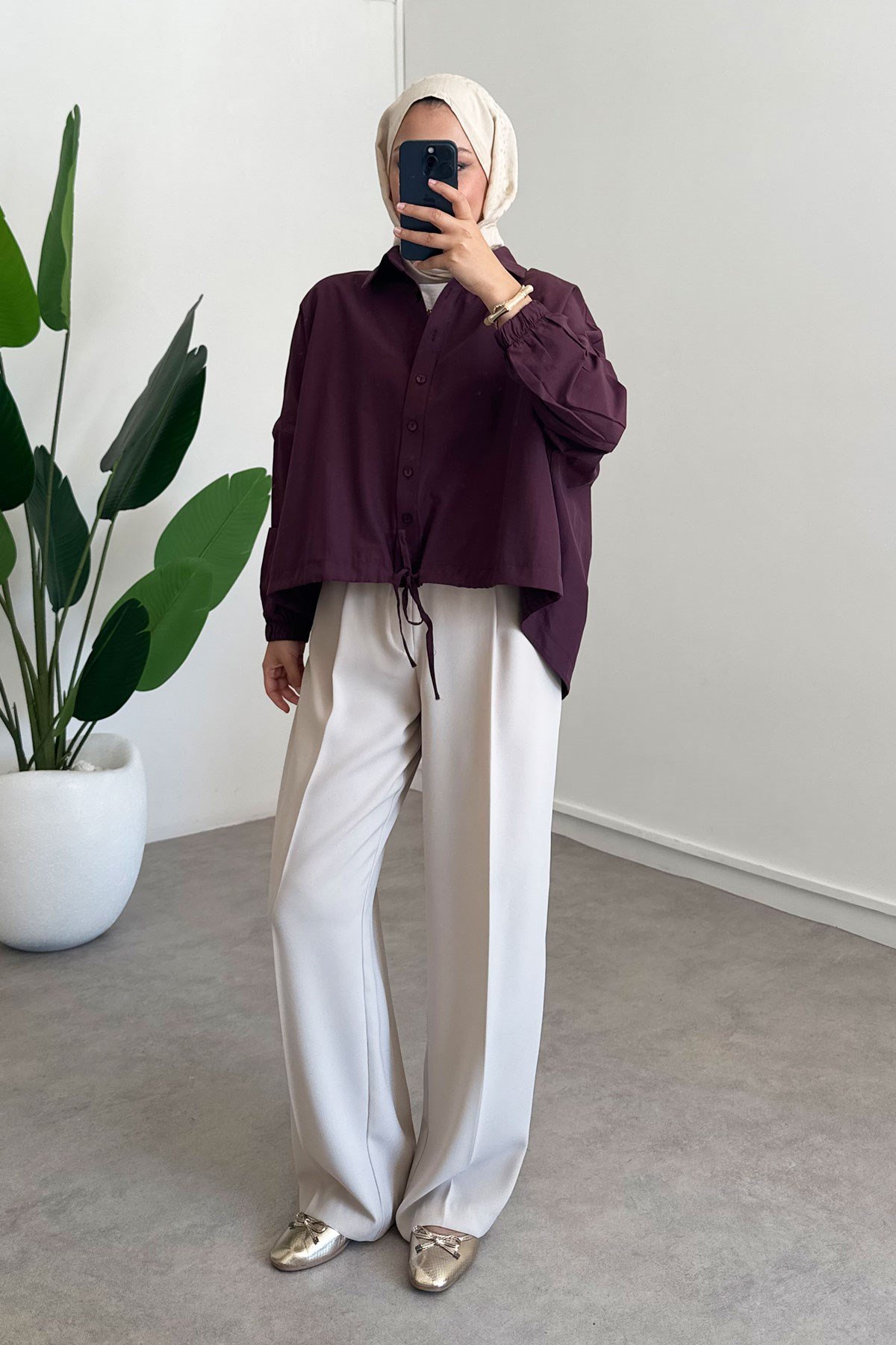 Oversize Büzgülü Gömlek - Bordo