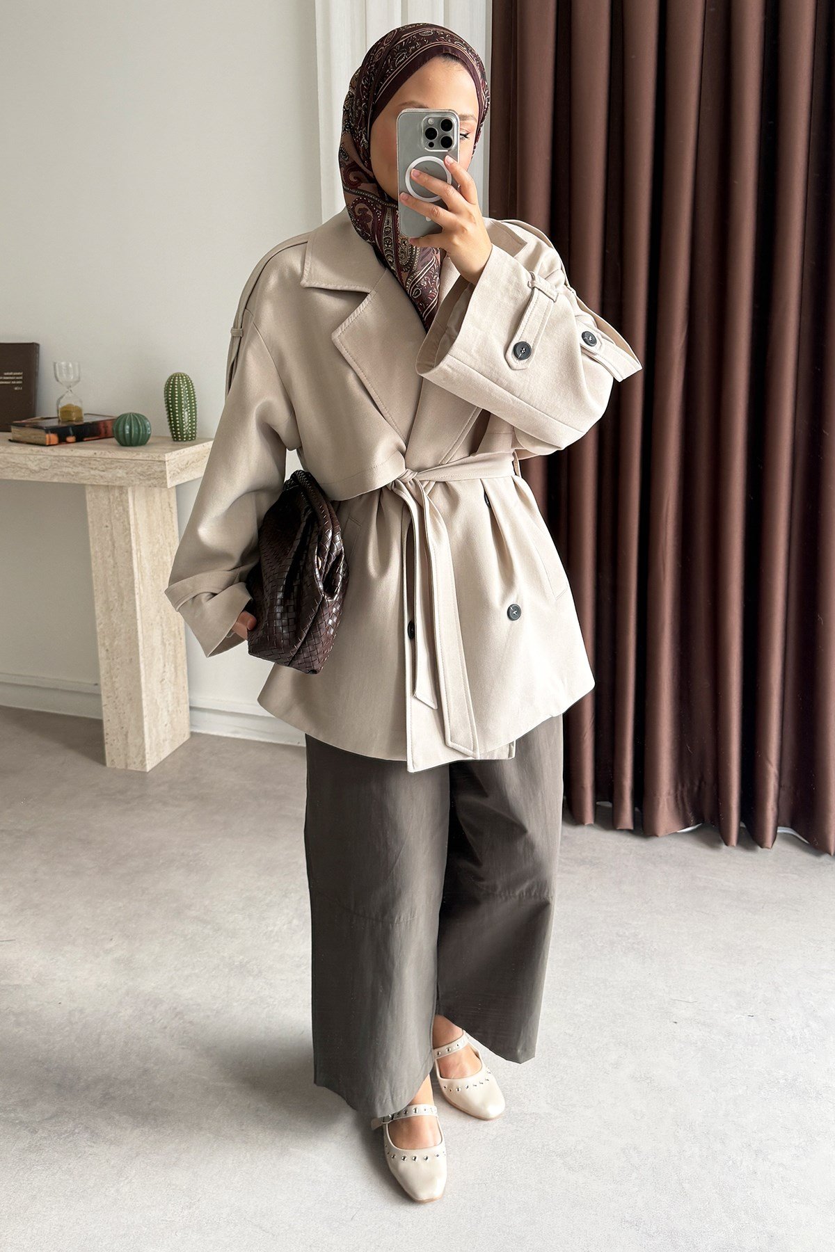 Oversize Pelerinli Trençkot - Bej