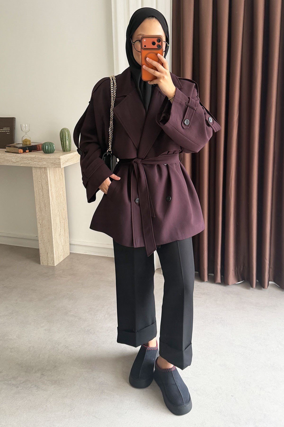 Oversize Pelerinli Trençkot - Bordo