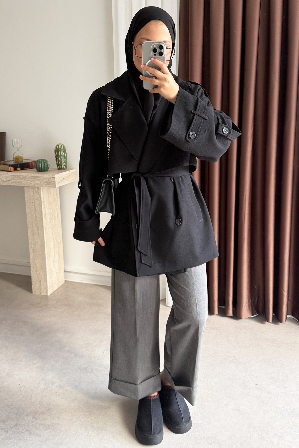 Oversize Pelerinli Trençkot - Siyah