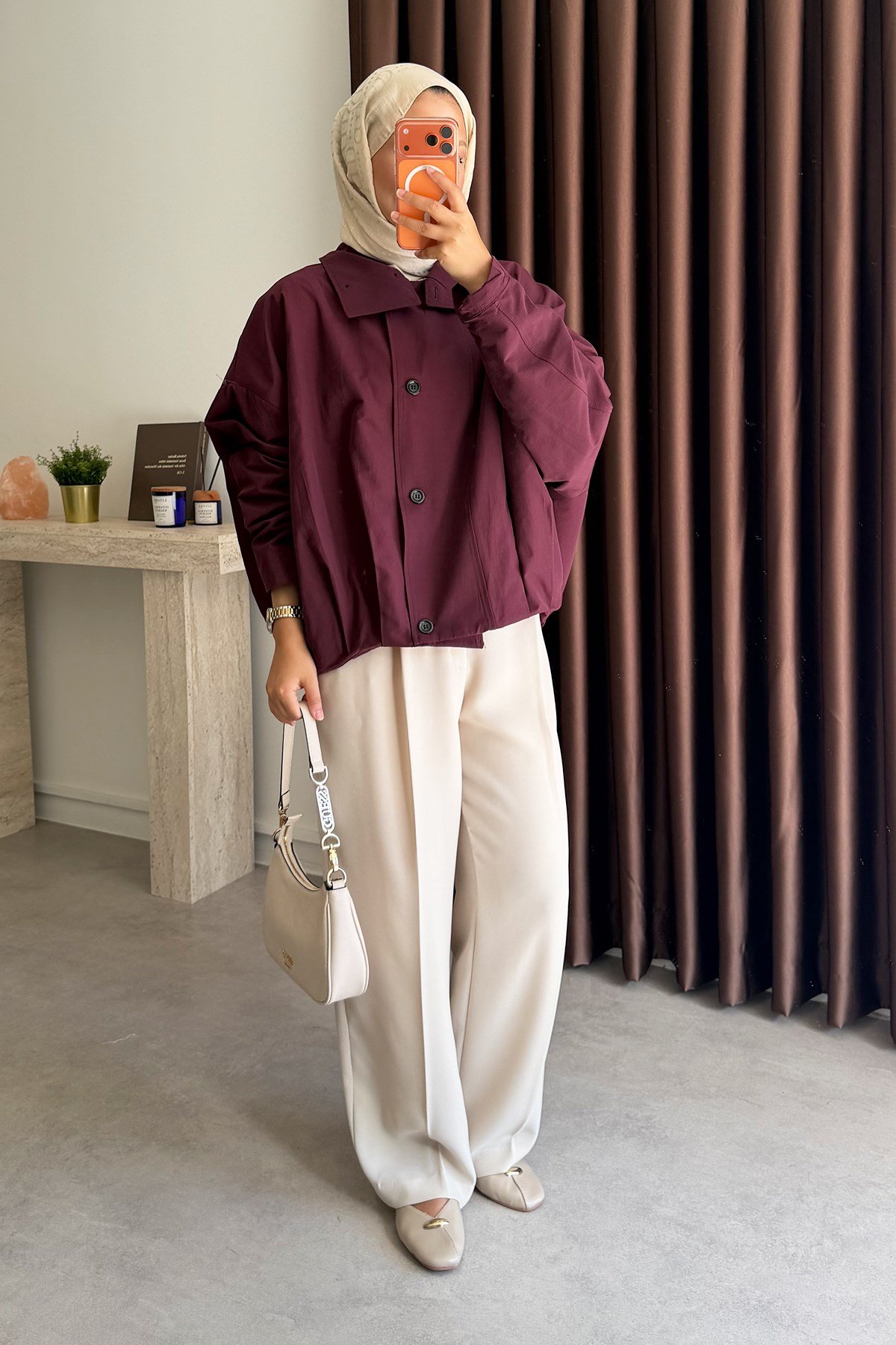 Oversize Pileli Trençkot - Bordo