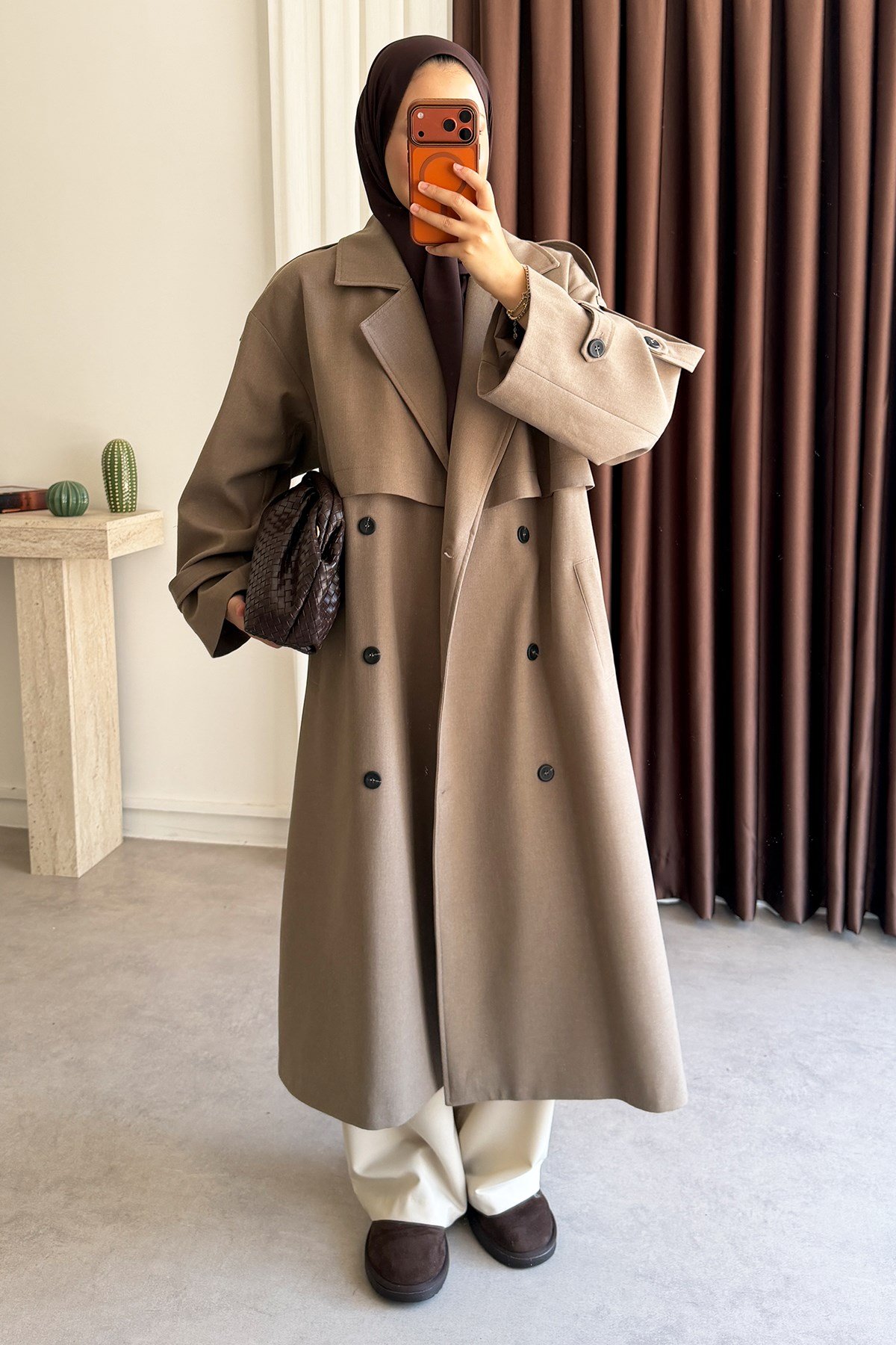 Pelerinli Oversize Trençkot - Vizon