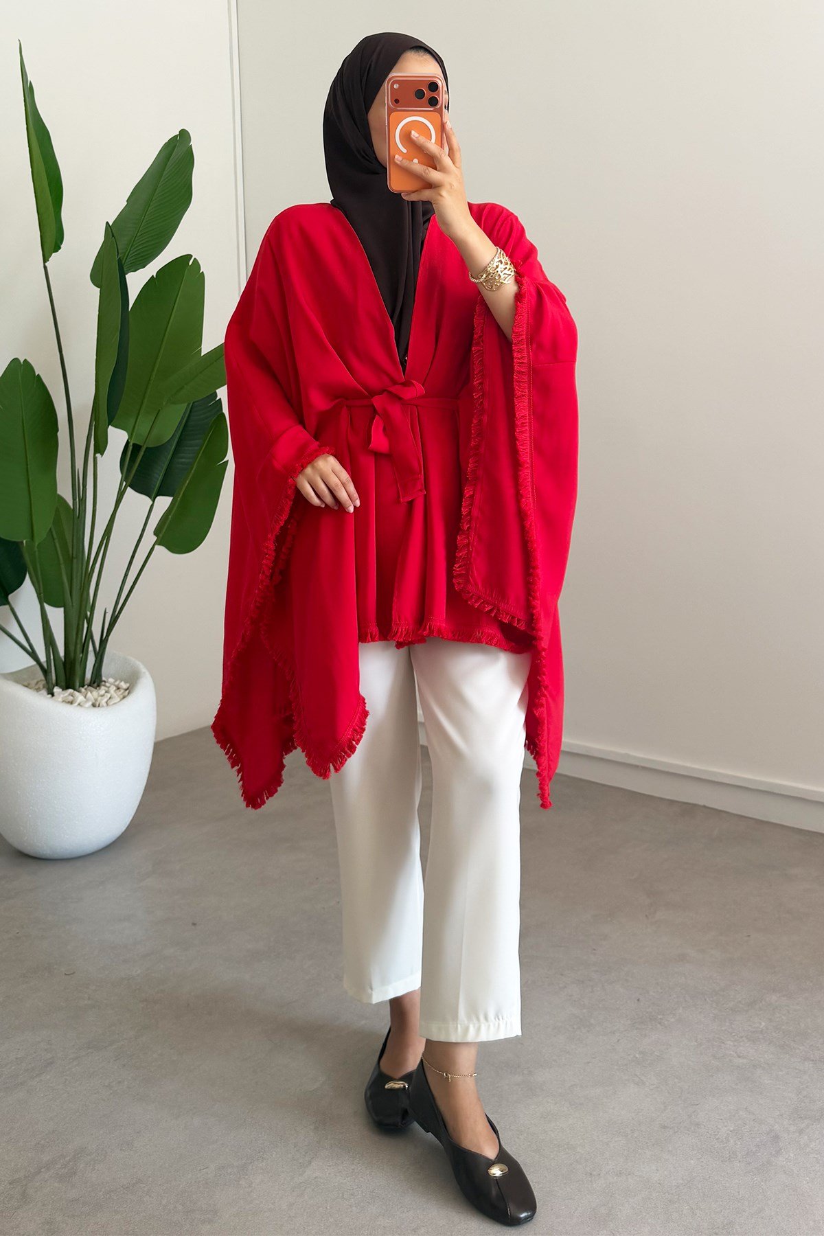 Püskül Detay Kimono - Kırmızı