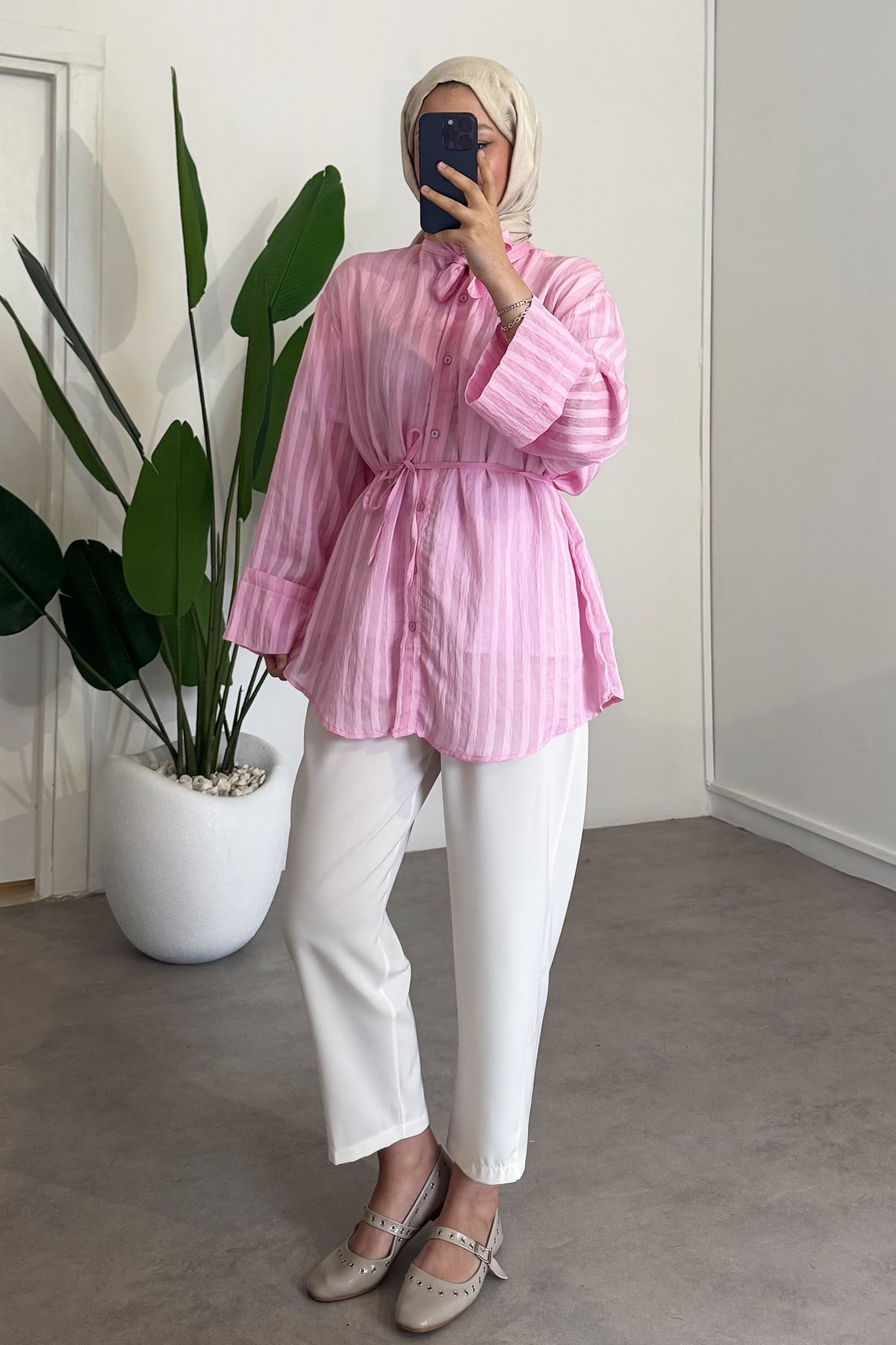 Yaka Baglama Gömlek - Pembe