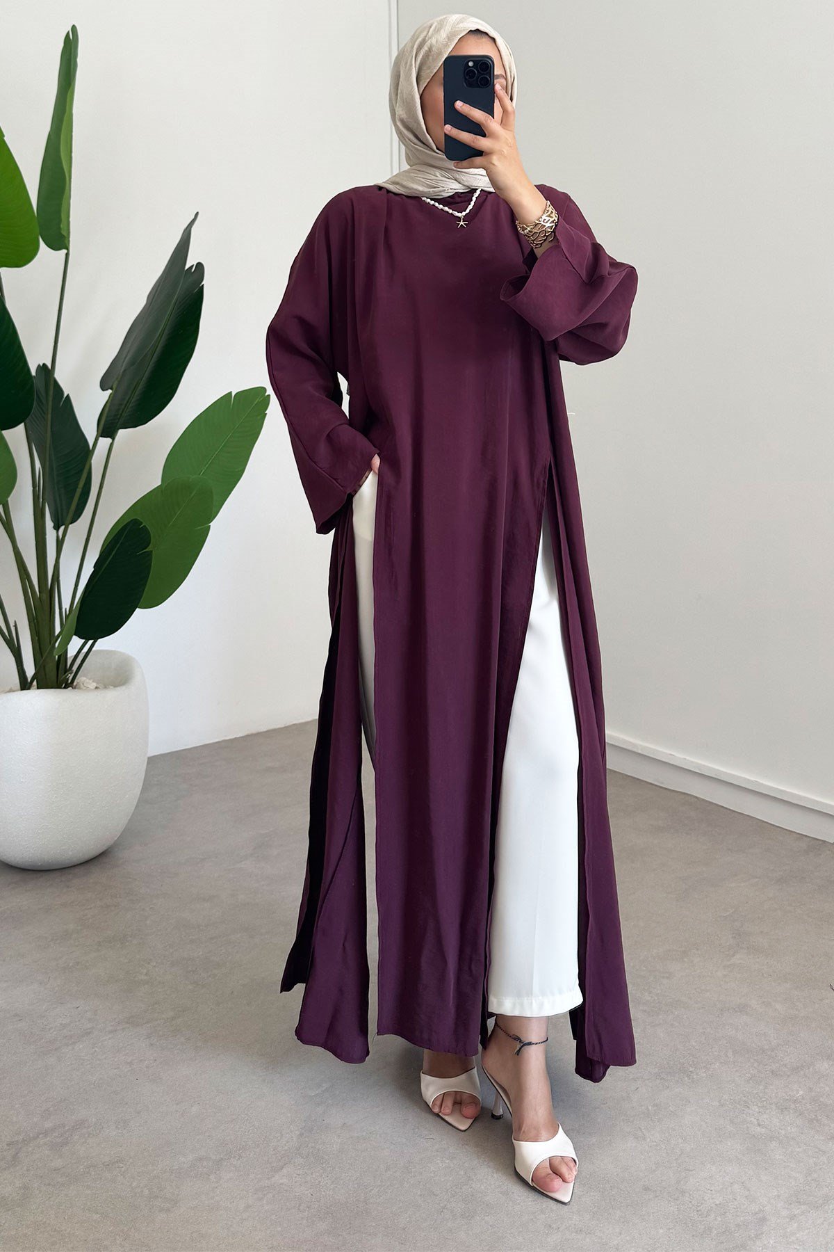 Yırtmaçlı Elbise - Bordo