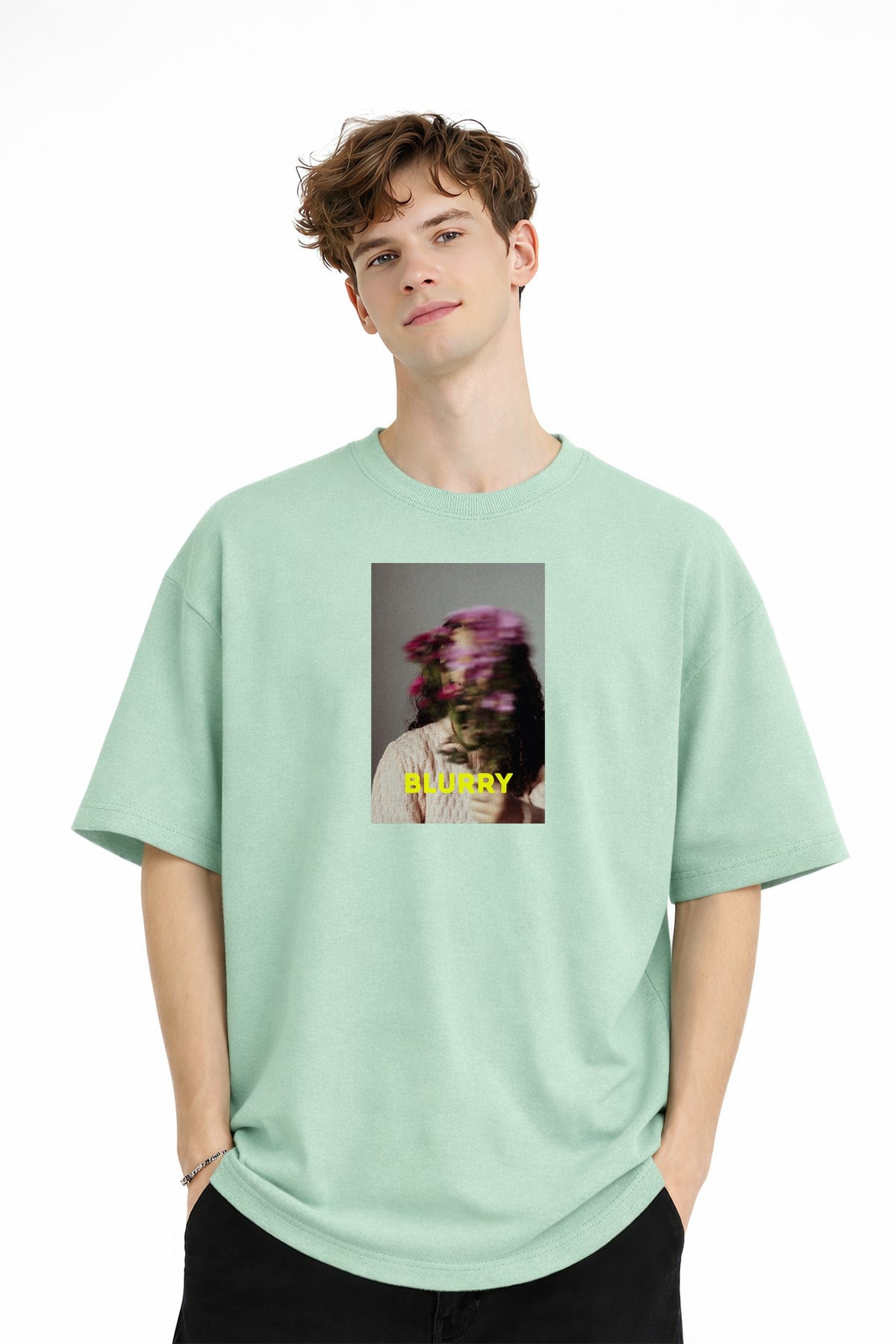 Blurry - Oversize Erkek Tişört SU YESILI