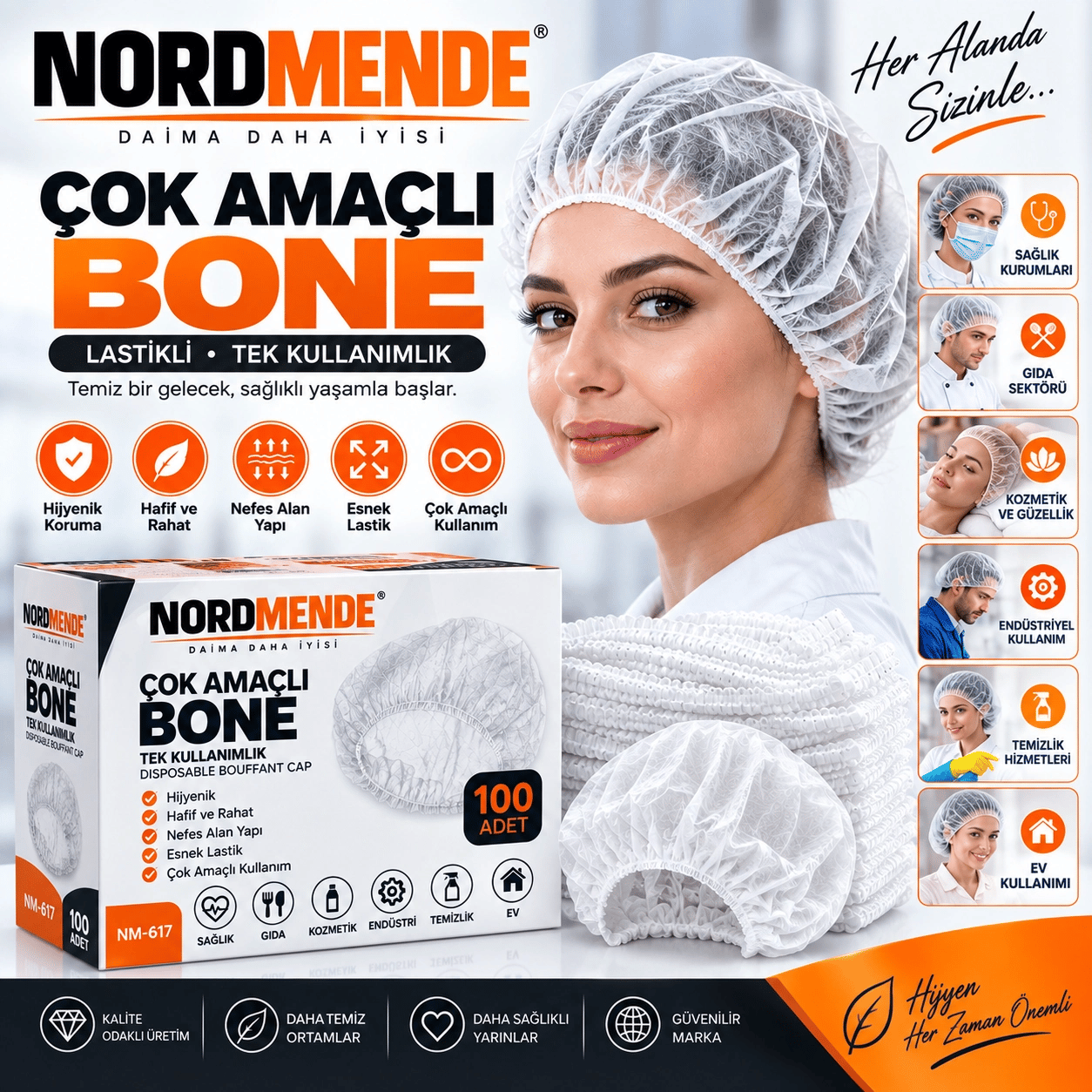 Çok Amaçlı Lastikli Bone 100 Adet – Hijyenik Tek Kullanımlık Saç Bonesi