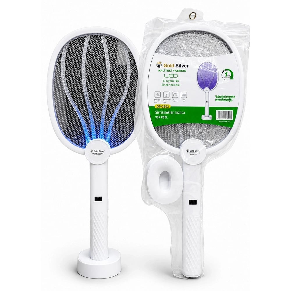 Gold Silver Gs-3602 Şarjlı Led Sivrisinek Öldürücü Raket Standlı Çift Kullanımlı Lityum Pilli