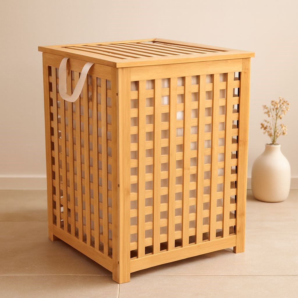 Kalın Bambu Kirli Çamaşır Sepeti 45x45x62 cm - Kumaş Çantalı