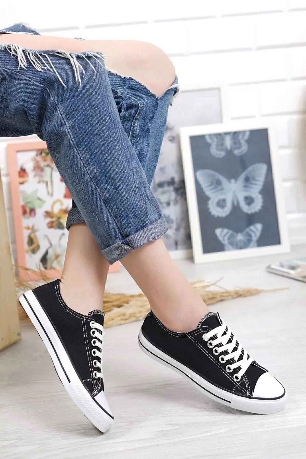 KN103 - Siyah Keten 5 cm Boy Uzatan Sneaker İnce Taban Bt Kısa Siyah