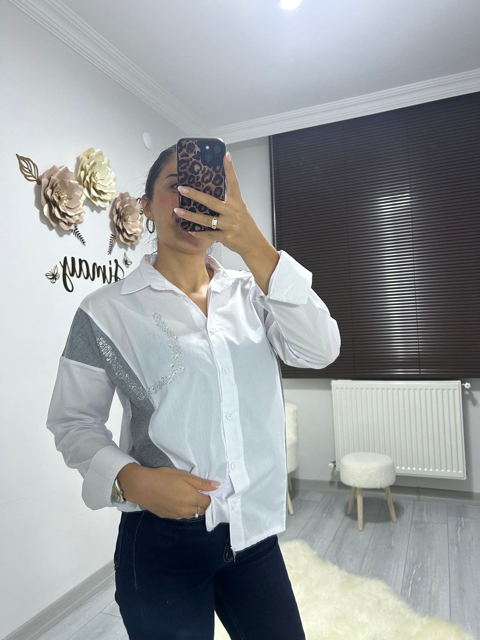 triko garnili taş detaylı poplin gömlek