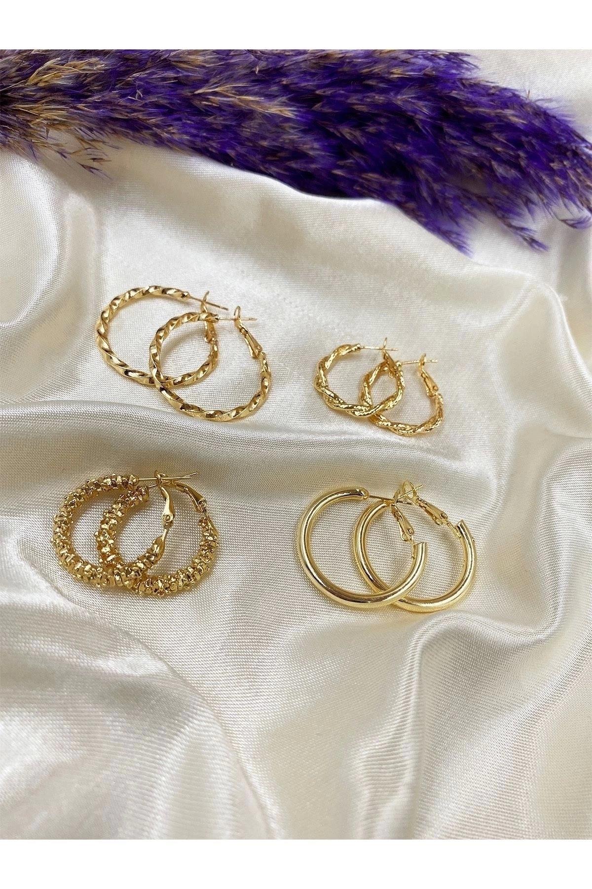 Gold Renk 4 Çift Klipsli Halka Küpe