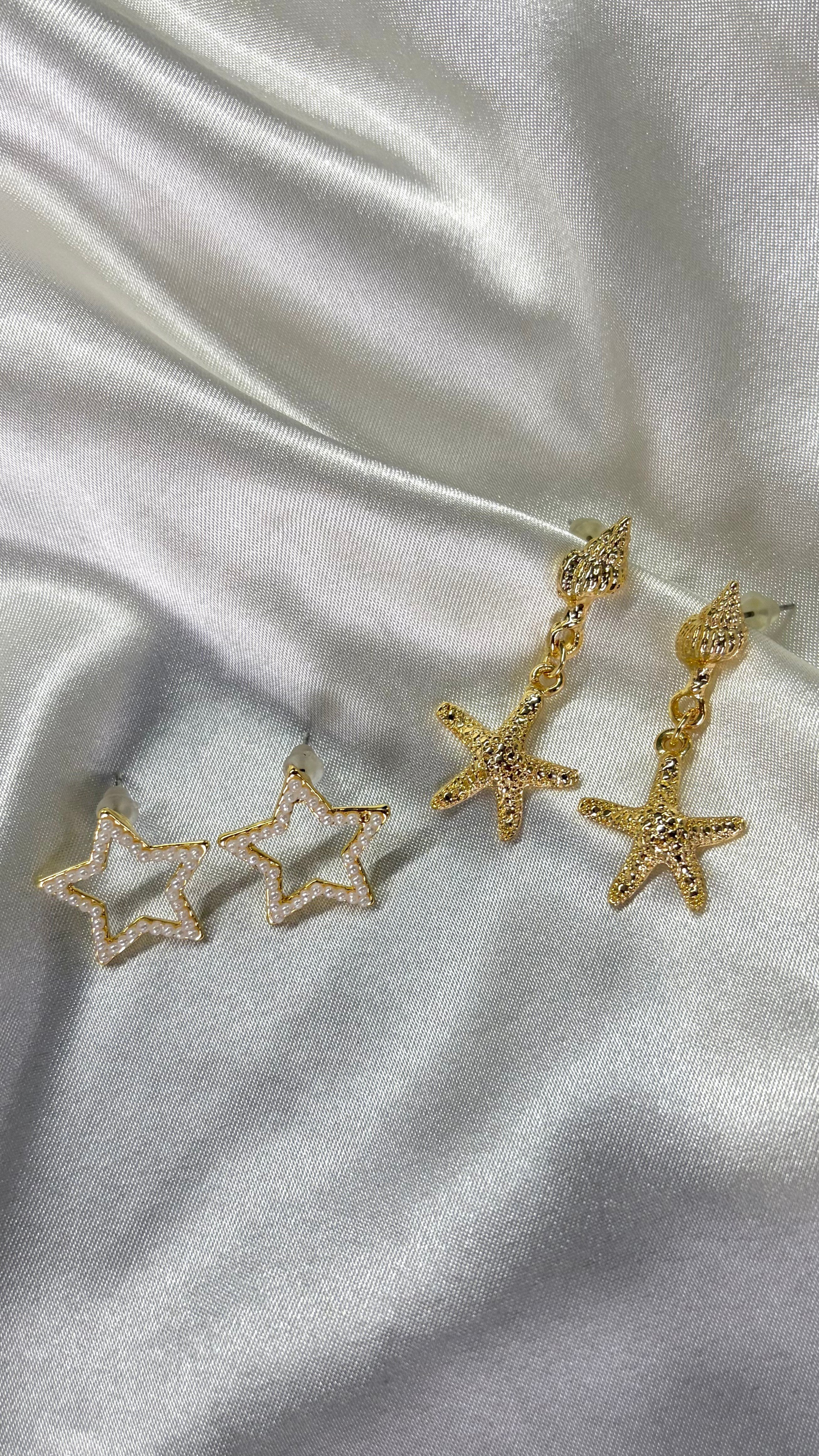 Kadın Gold Renk 2'li İncili Yıldız ve Sallantılı Deniz Yıldızı Küpe
