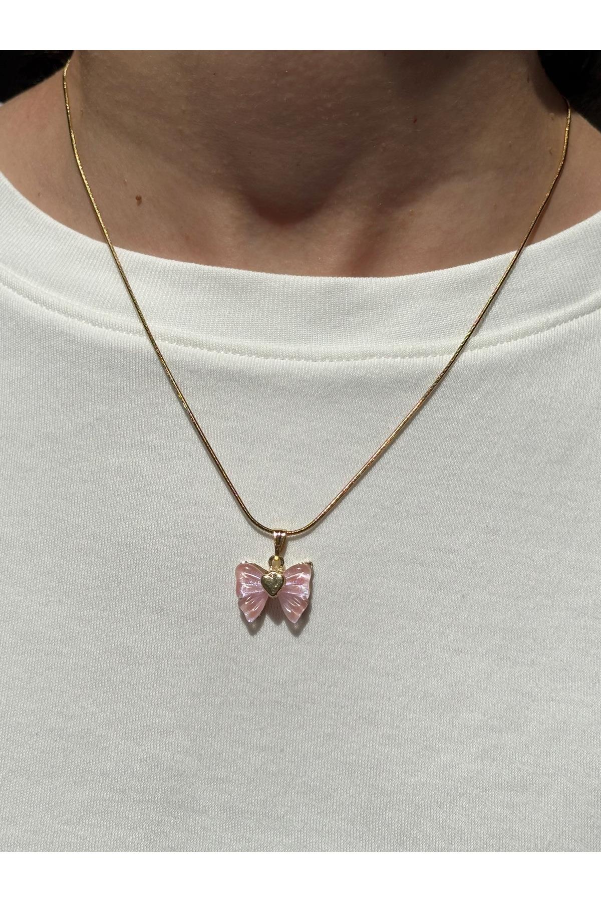 Kadın Gold Renk Pembe Renk Fiyonk Kolye
