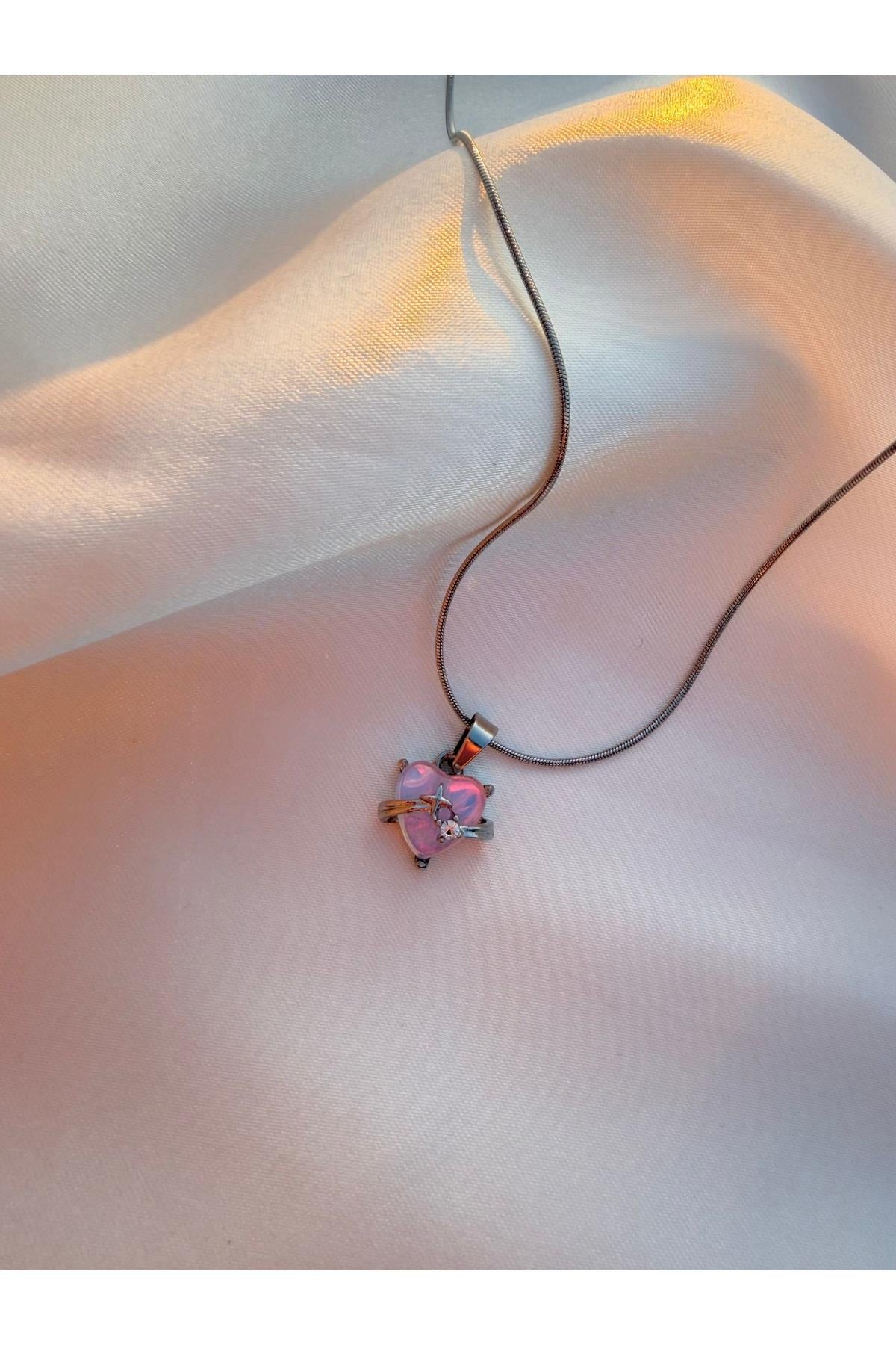 Romantik Pembe Kalp Gümüş Model Çelik Kolye
