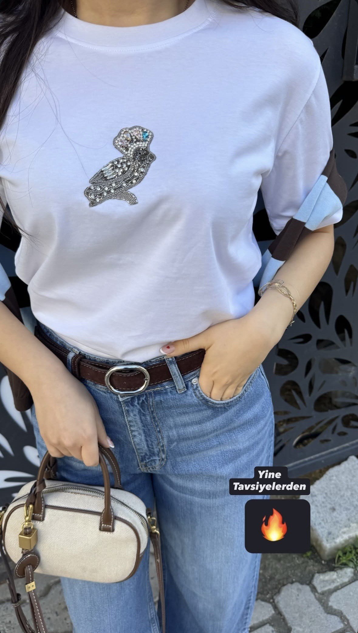 Taşlı Figürlü Tişört Beyaz