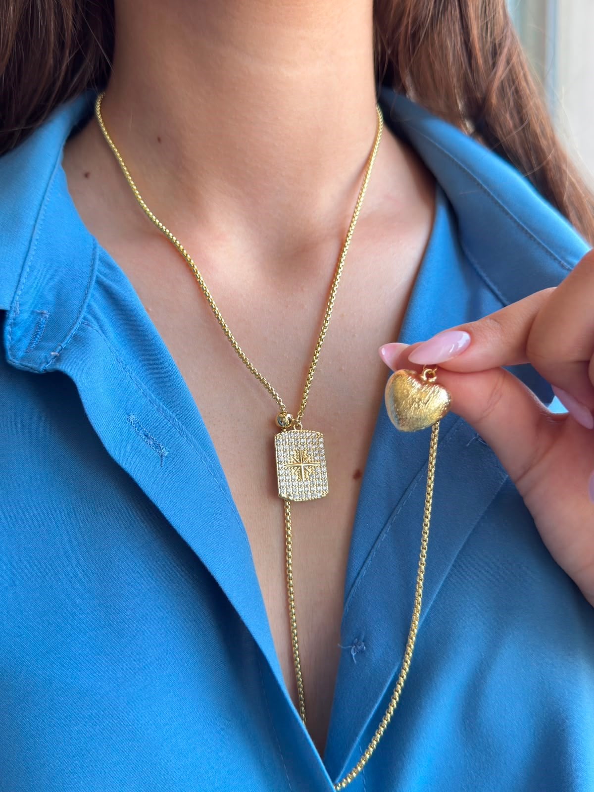 14 K Asansörlü Dikdörtgen Taşlı Plaka Figürlü Kolye