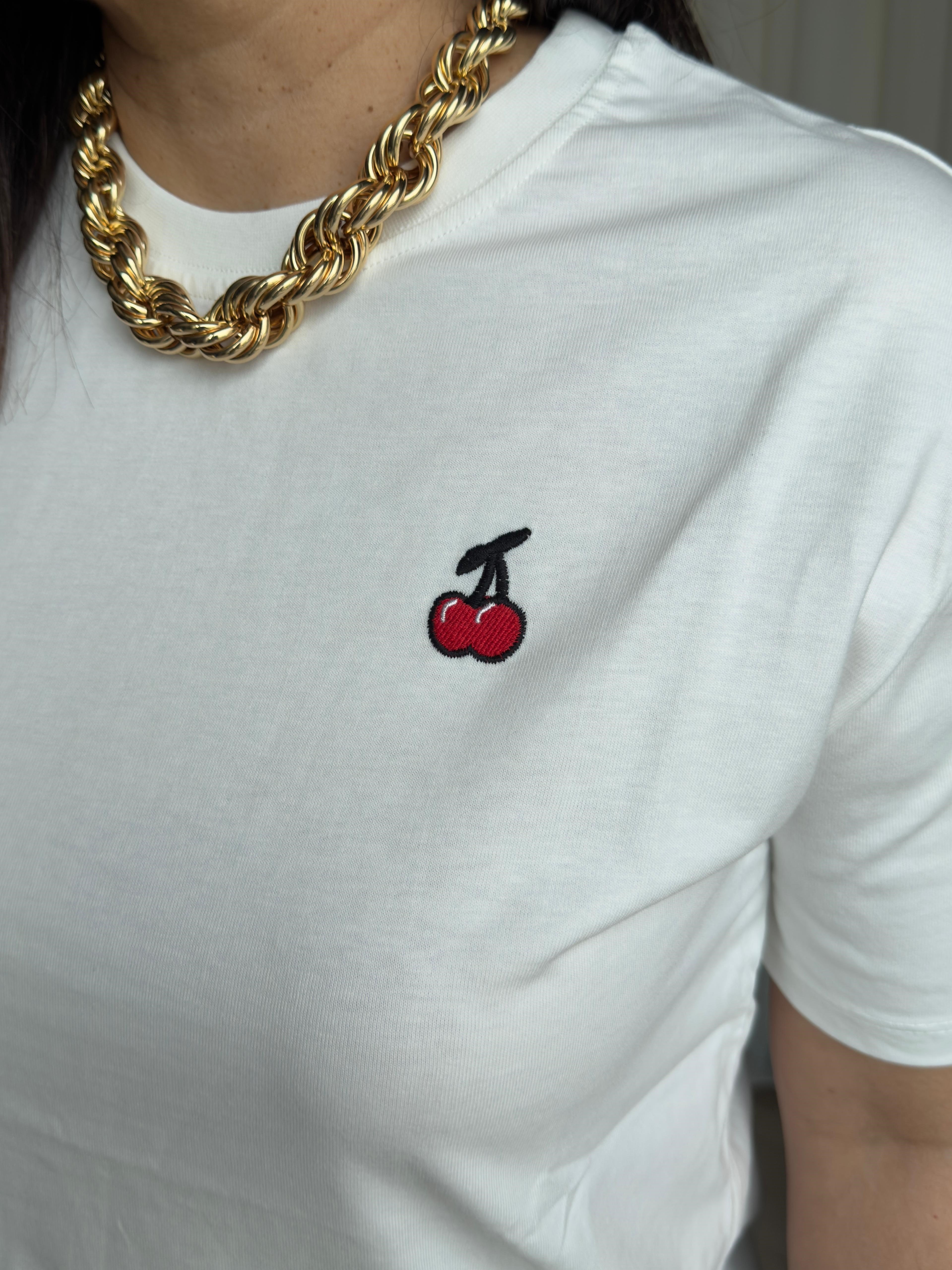 Bisiklet Yaka  Kiraz Nakışlı Pamuklu T-Shirt Sarı