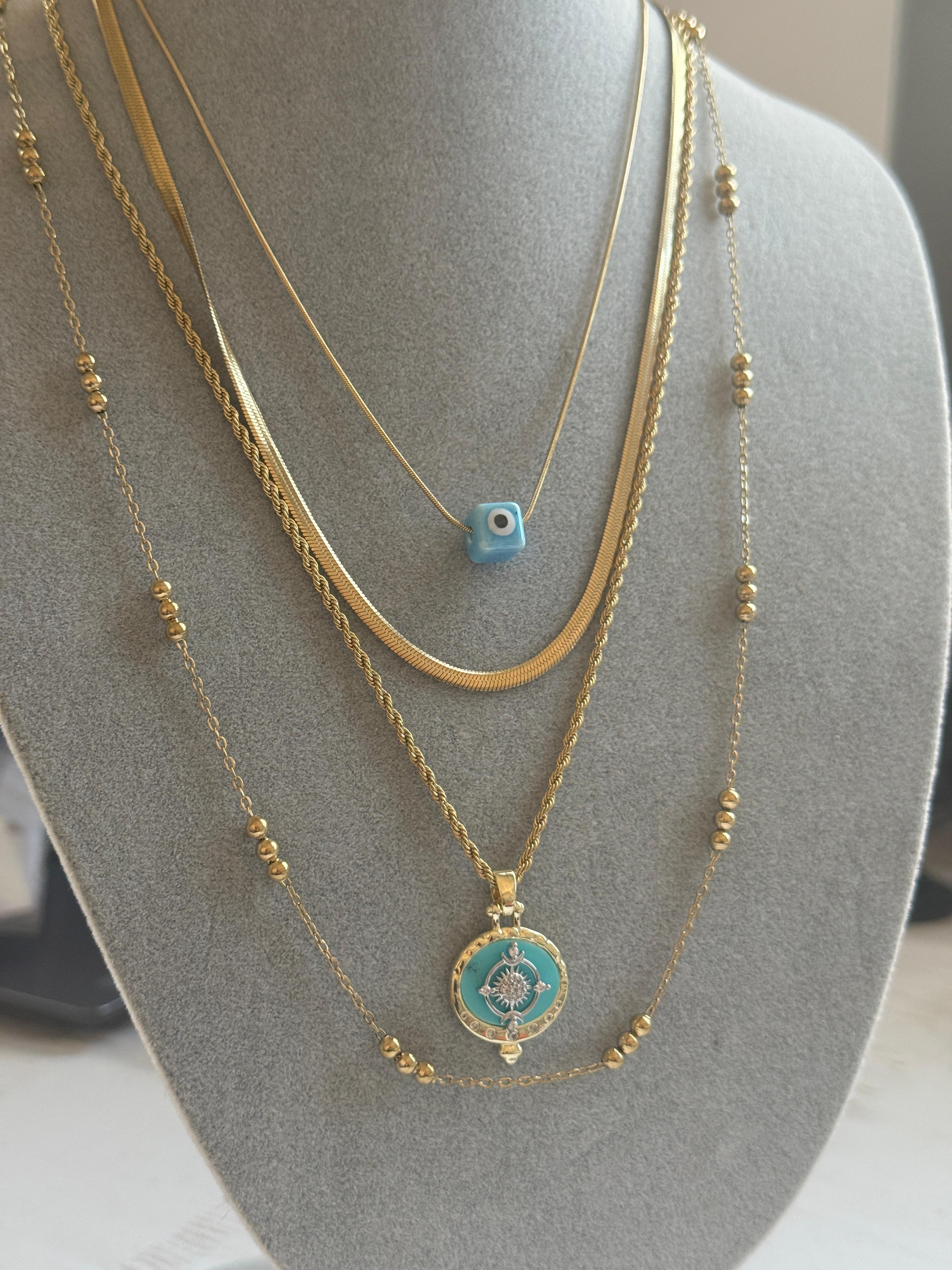 Çelik 14k Nazarlı  Çoklu Kolye