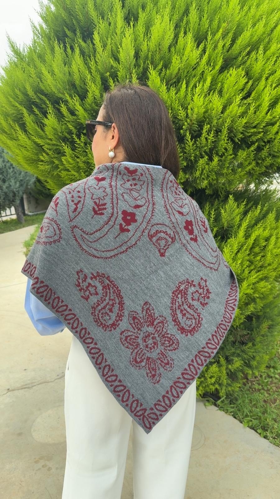Çift Taraflı Bordo Gri Triko Triko Şal