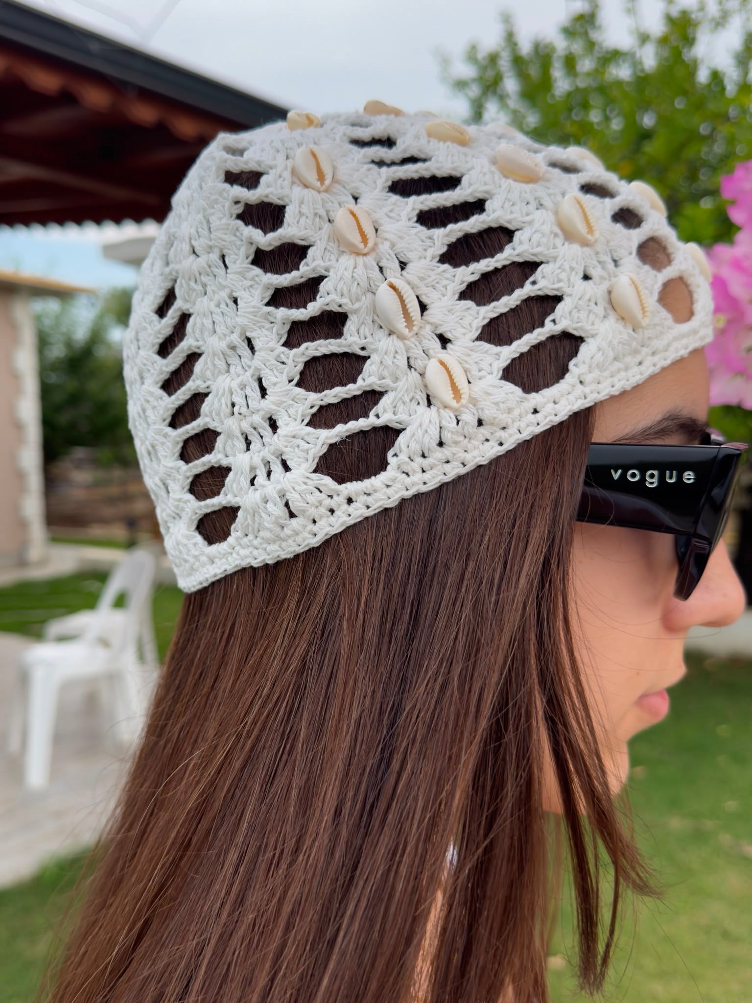 Deniz Kabuğu Aksesuarlı File Bandana Beyaz