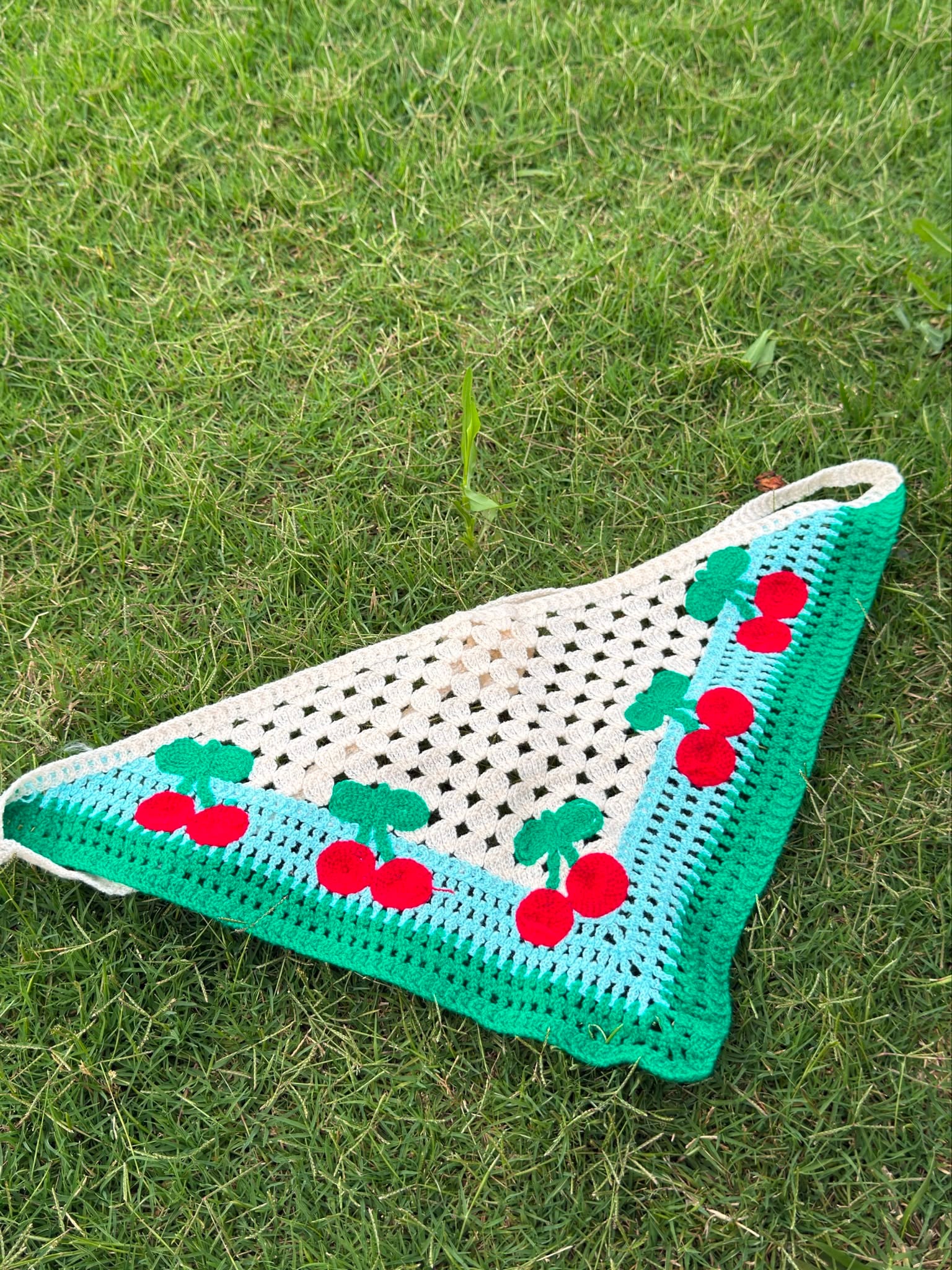 Mavi Şeritli Kirazlı Üçgen İpli Bandana