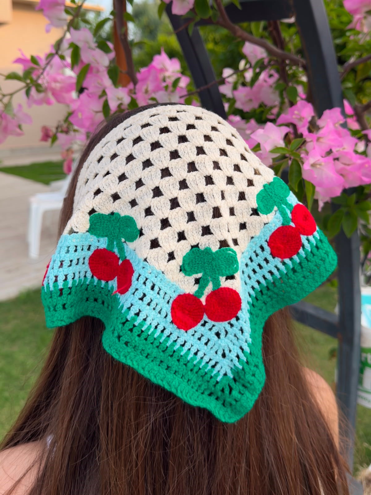 Mavi Şeritli Kirazlı Üçgen İpli Bandana