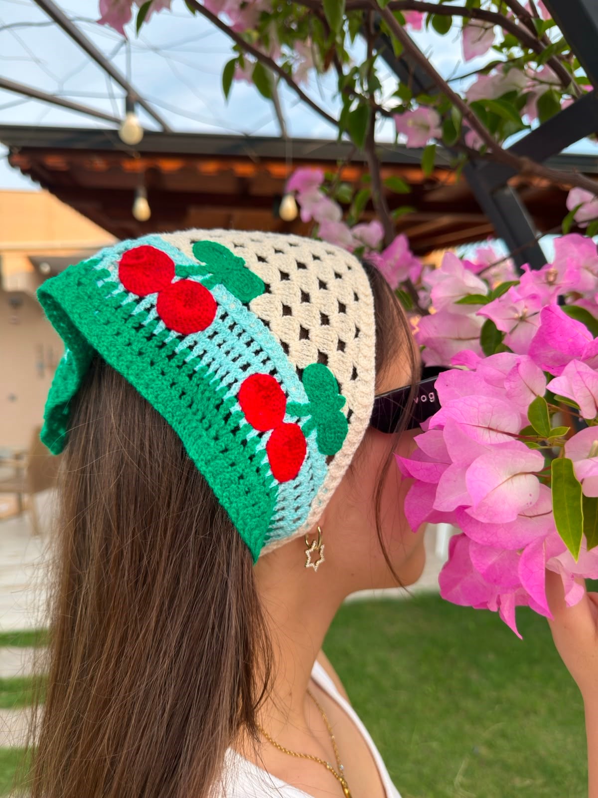 Mavi Şeritli Kirazlı Üçgen İpli Bandana