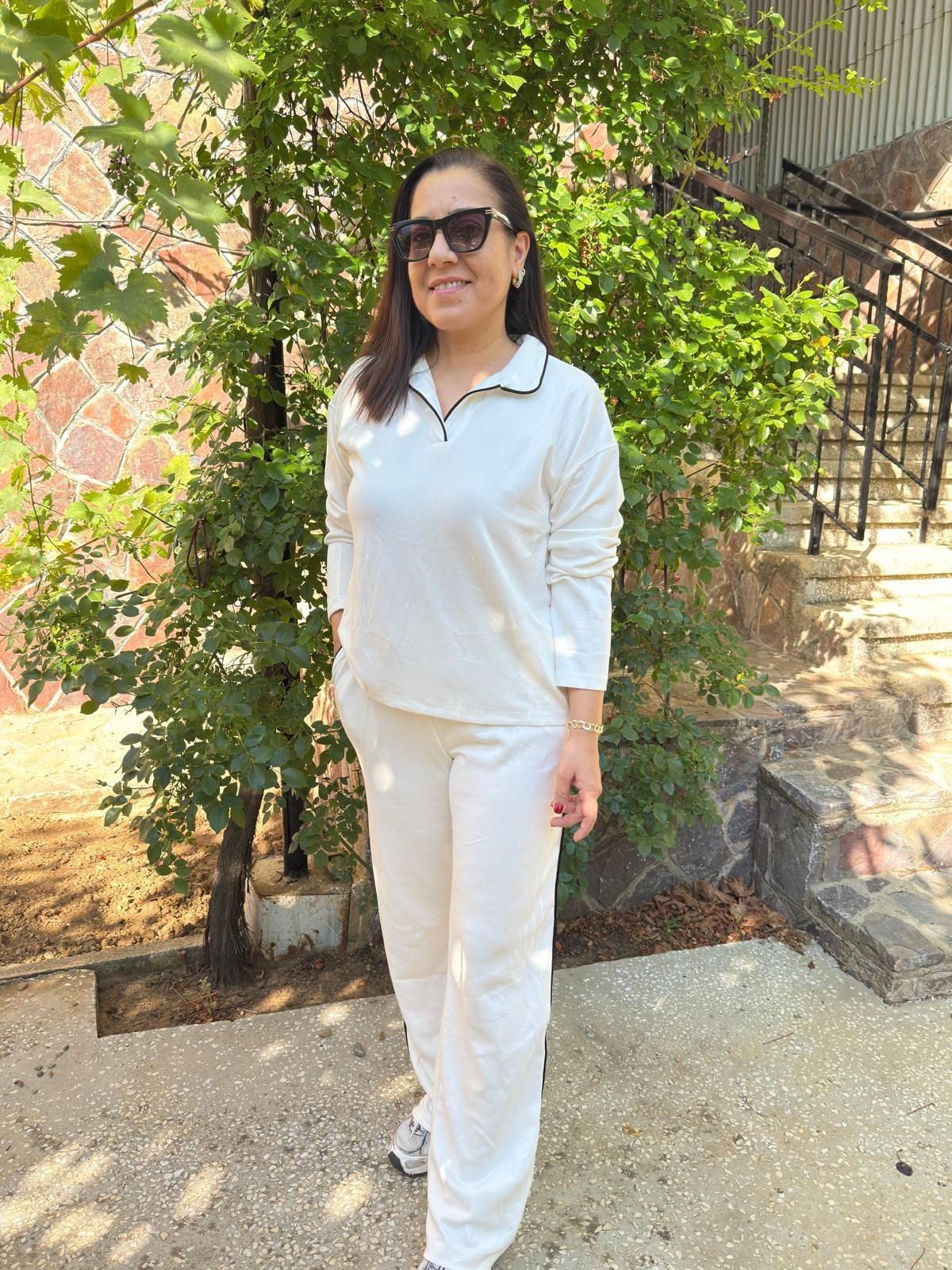 Modal Kumaş Polo Yaka Şeritli Takım Beyaz