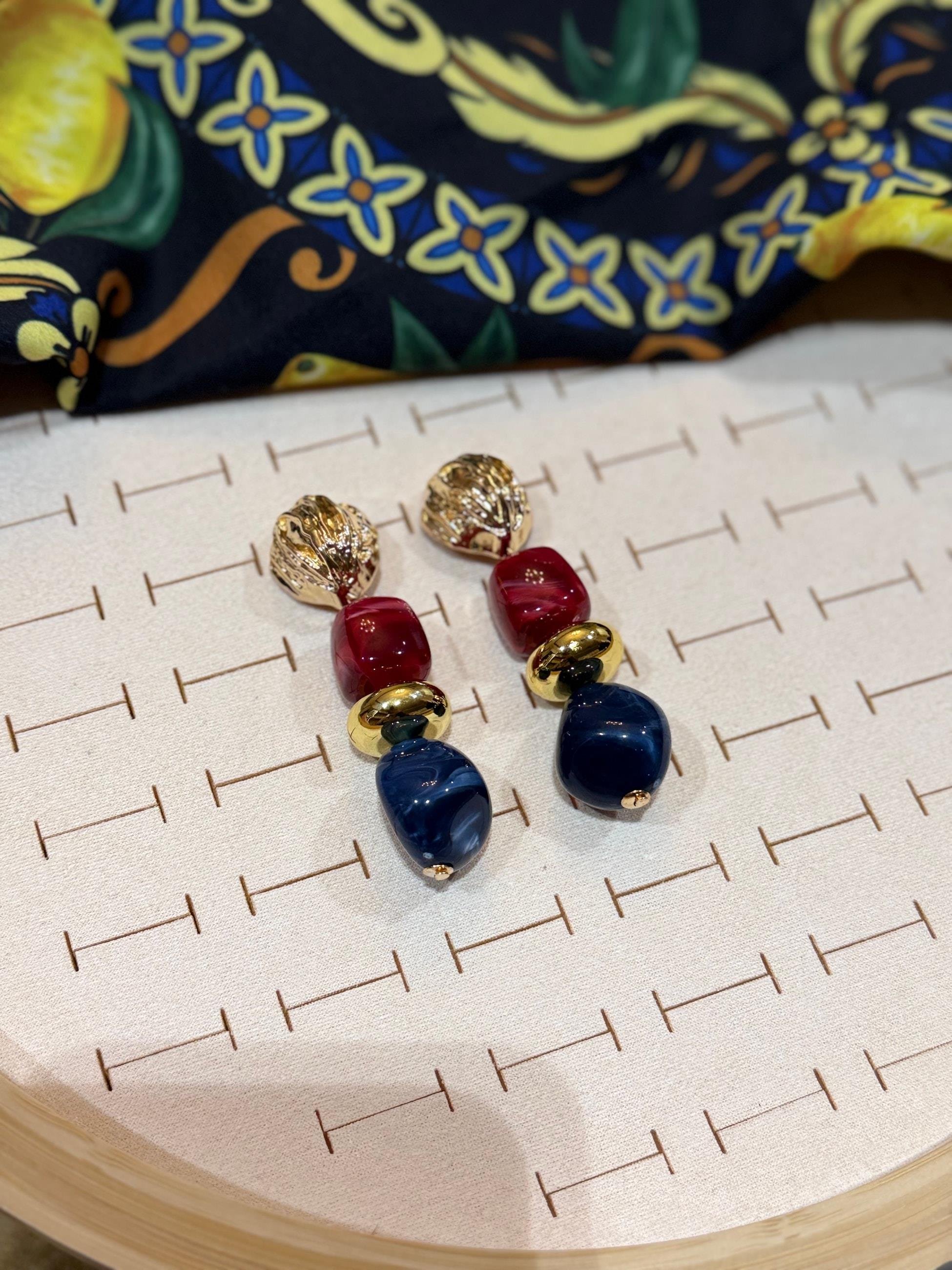 Özel Seri Bordo Lacivert Sallantı Küpe